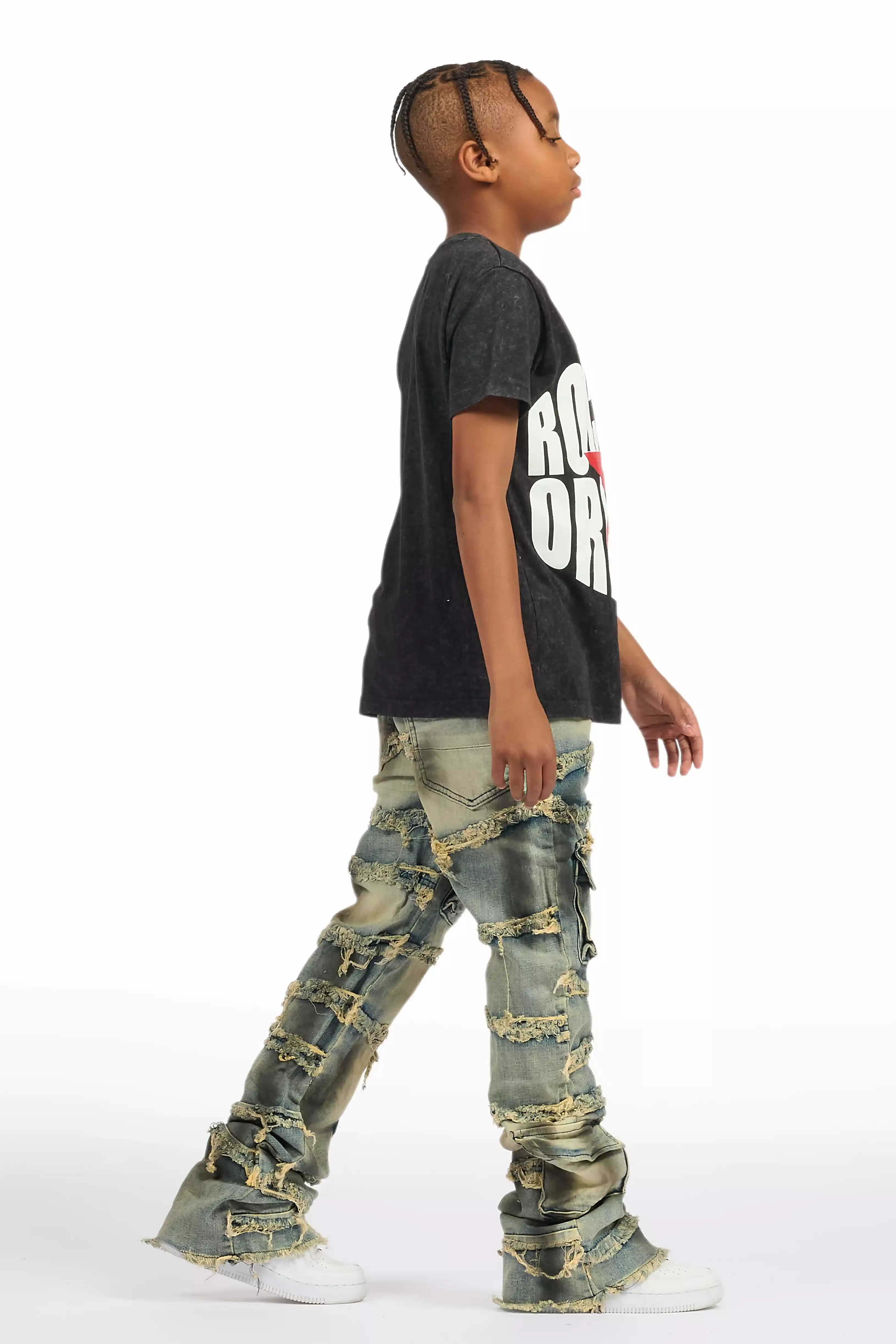 Boys Yves Blue Ripped Stacked Flare Cargo Jeans - Image 5
