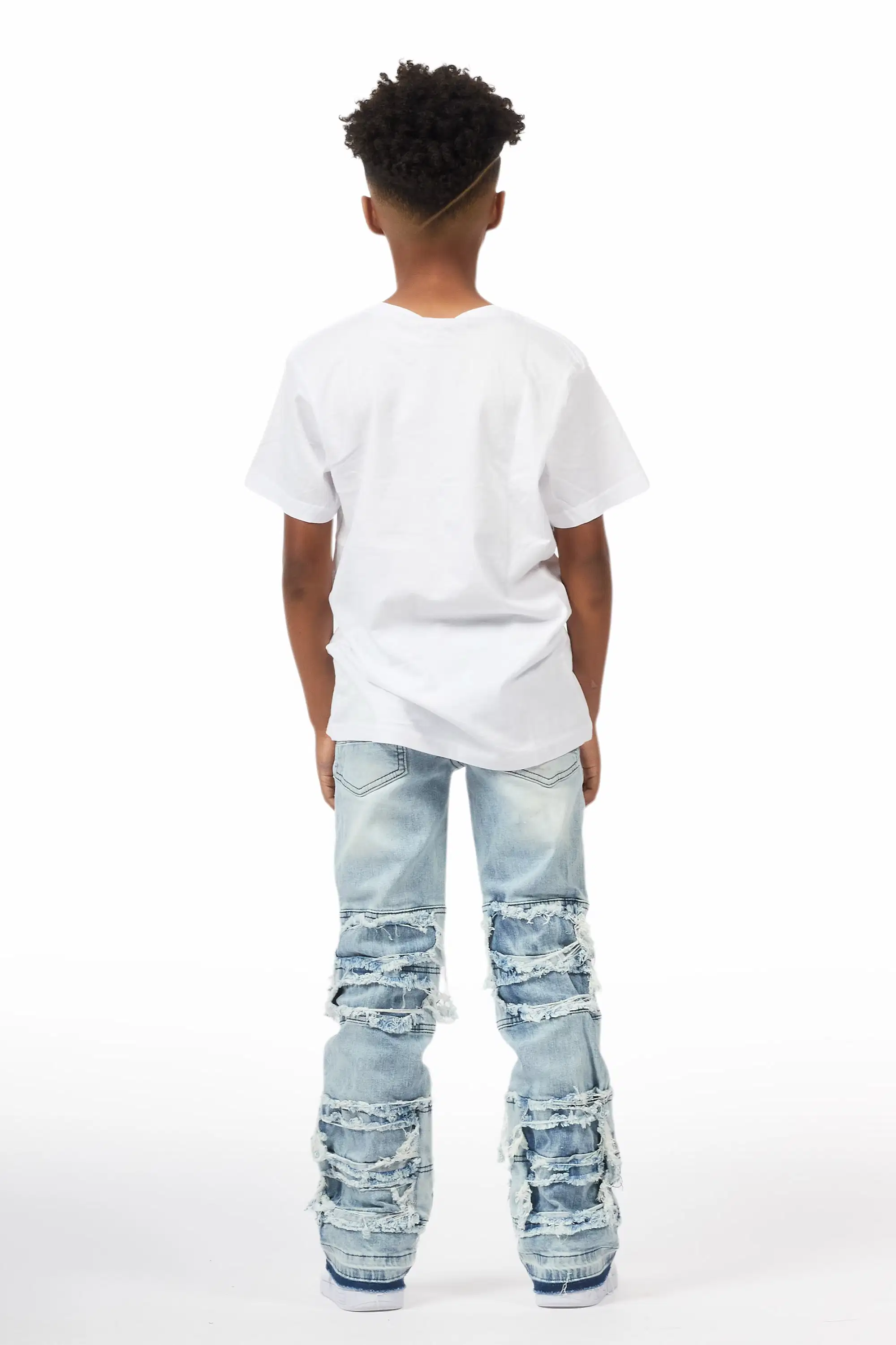 Boys Meille Blue/White Stacked Painter Flare Jean - Image 5
