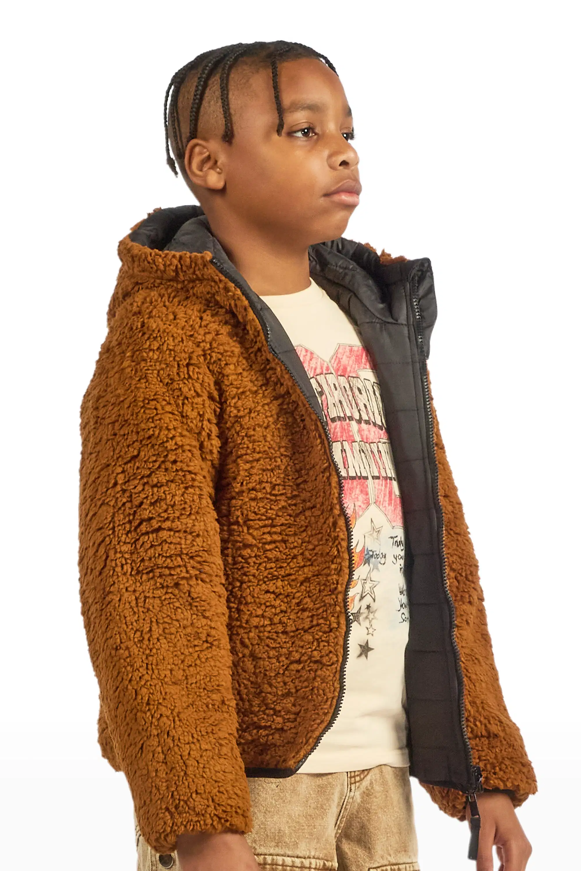 Boys Daegan Black/Brown Reversible Fur Puffer Jacket - Image 10