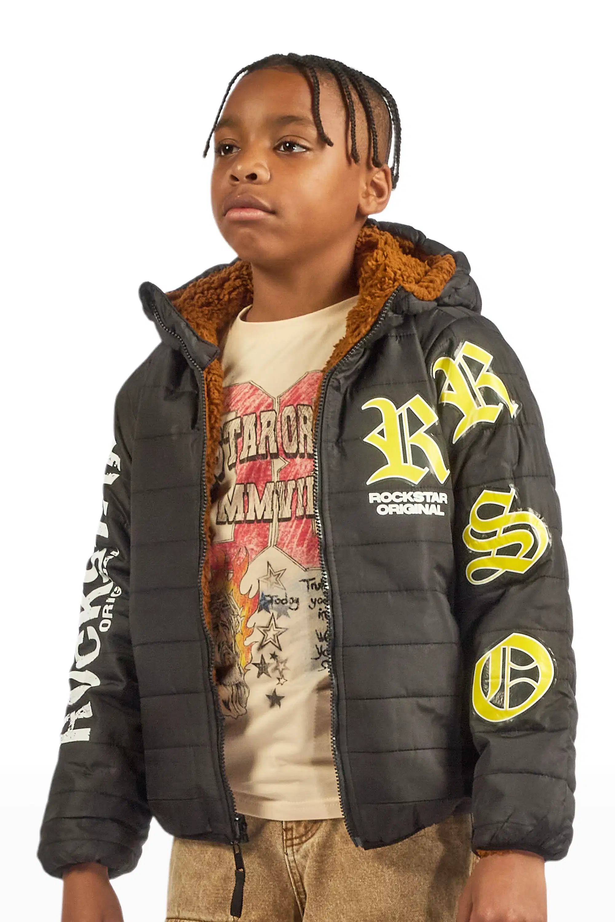 Boys Daegan Black/Brown Reversible Fur Puffer Jacket - Image 11