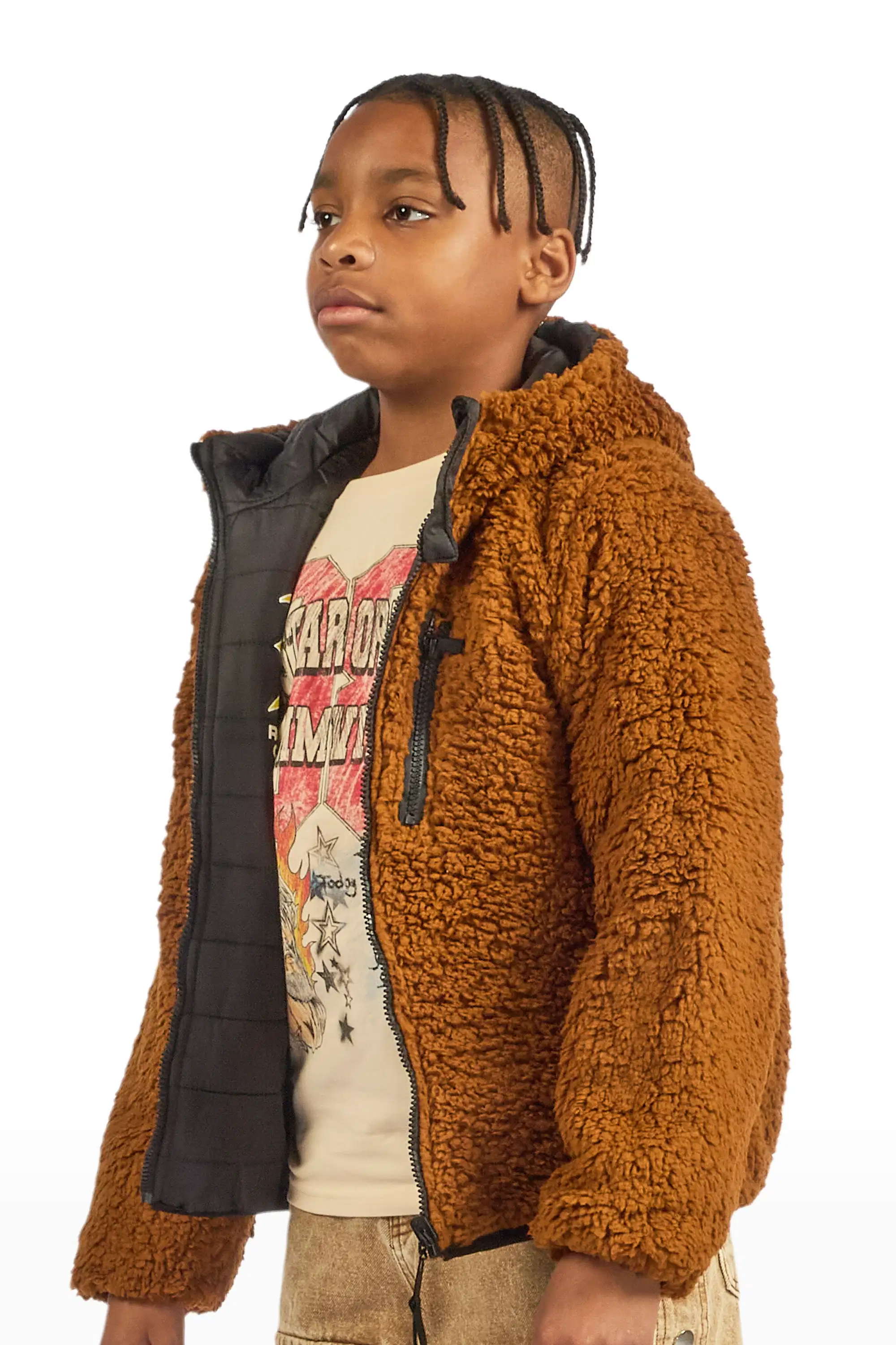 Boys Daegan Black/Brown Reversible Fur Puffer Jacket - Image 12