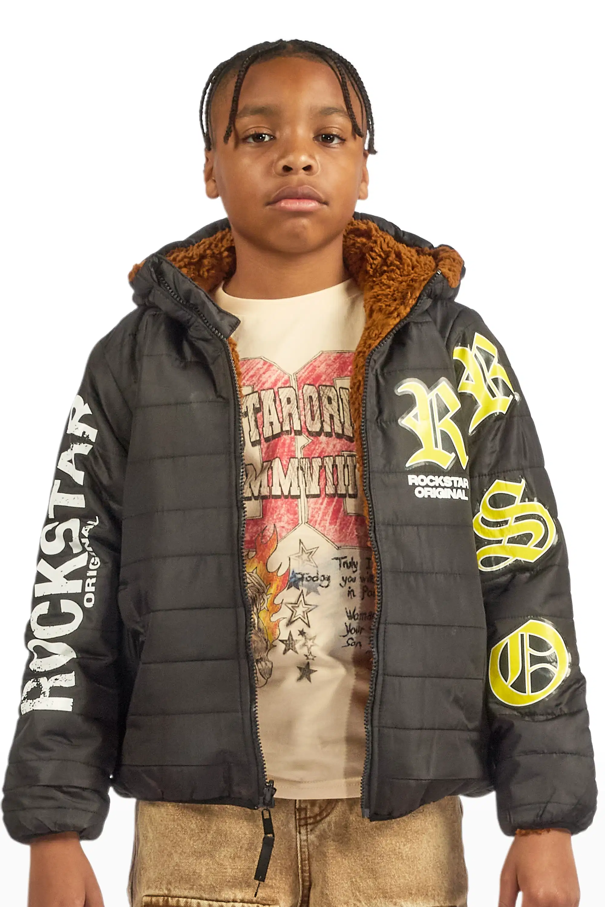 Boys Daegan Black/Brown Reversible Fur Puffer Jacket - Image 2