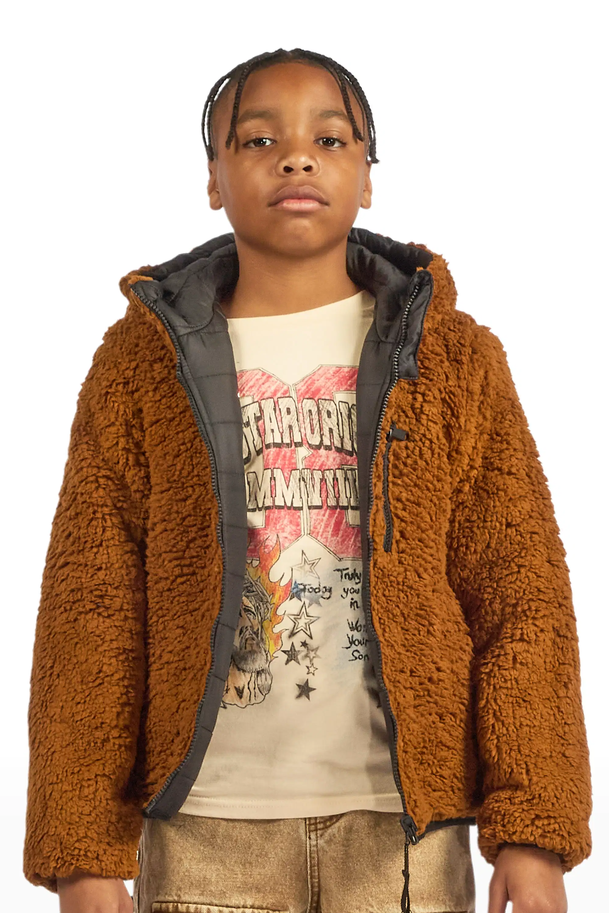 Boys Daegan Black/Brown Reversible Fur Puffer Jacket - Image 8