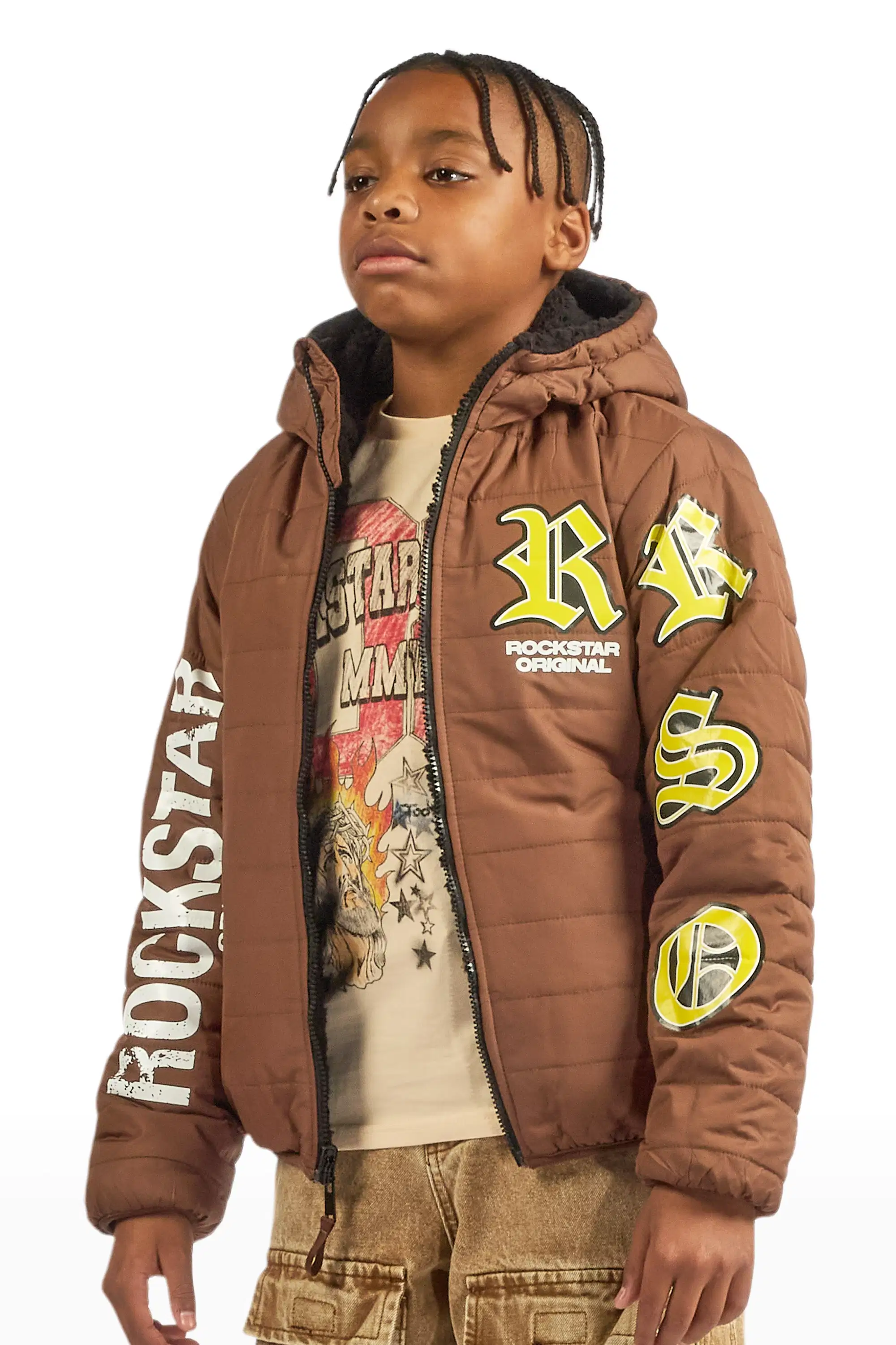 Boys Daegan Brown/Black Reversible Fur Puffer Jacket - Image 13