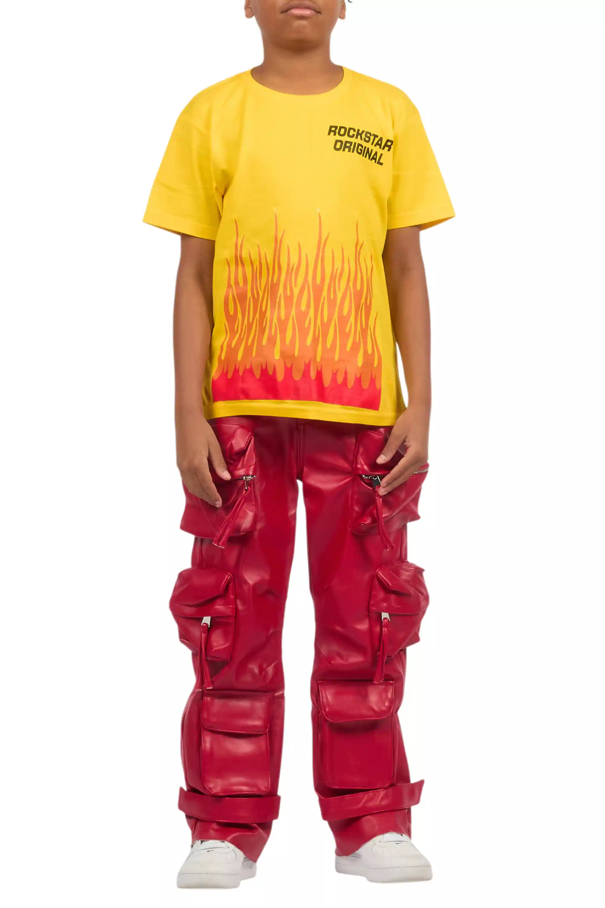Boys Lenz Red PU Cargo Leather Baggy Fit Jean - Image 10