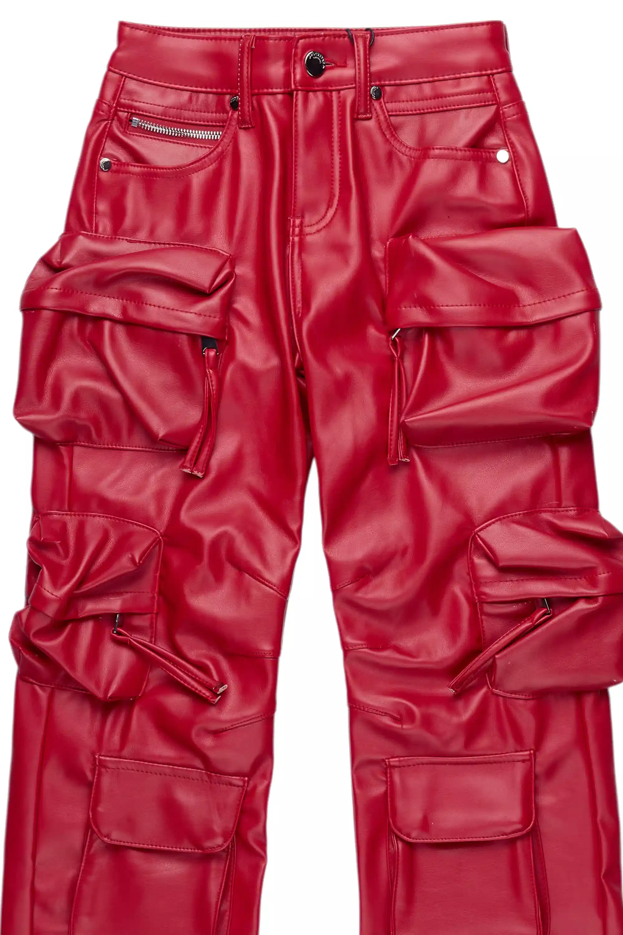 Boys Lenz Red PU Cargo Leather Baggy Fit Jean - Image 8