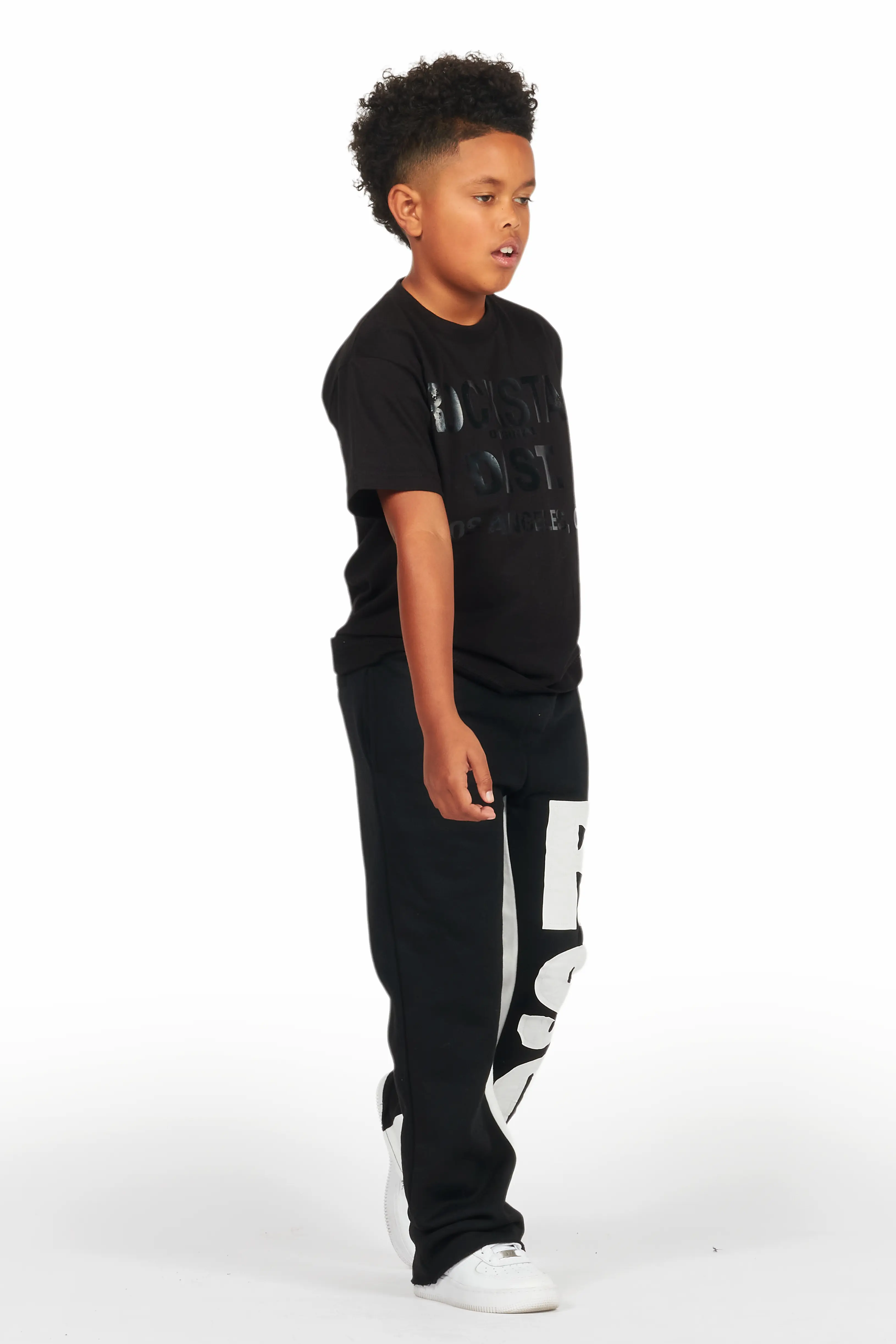 Boys Uko Black/White Stacked Baggy Flare Pant - Image 4