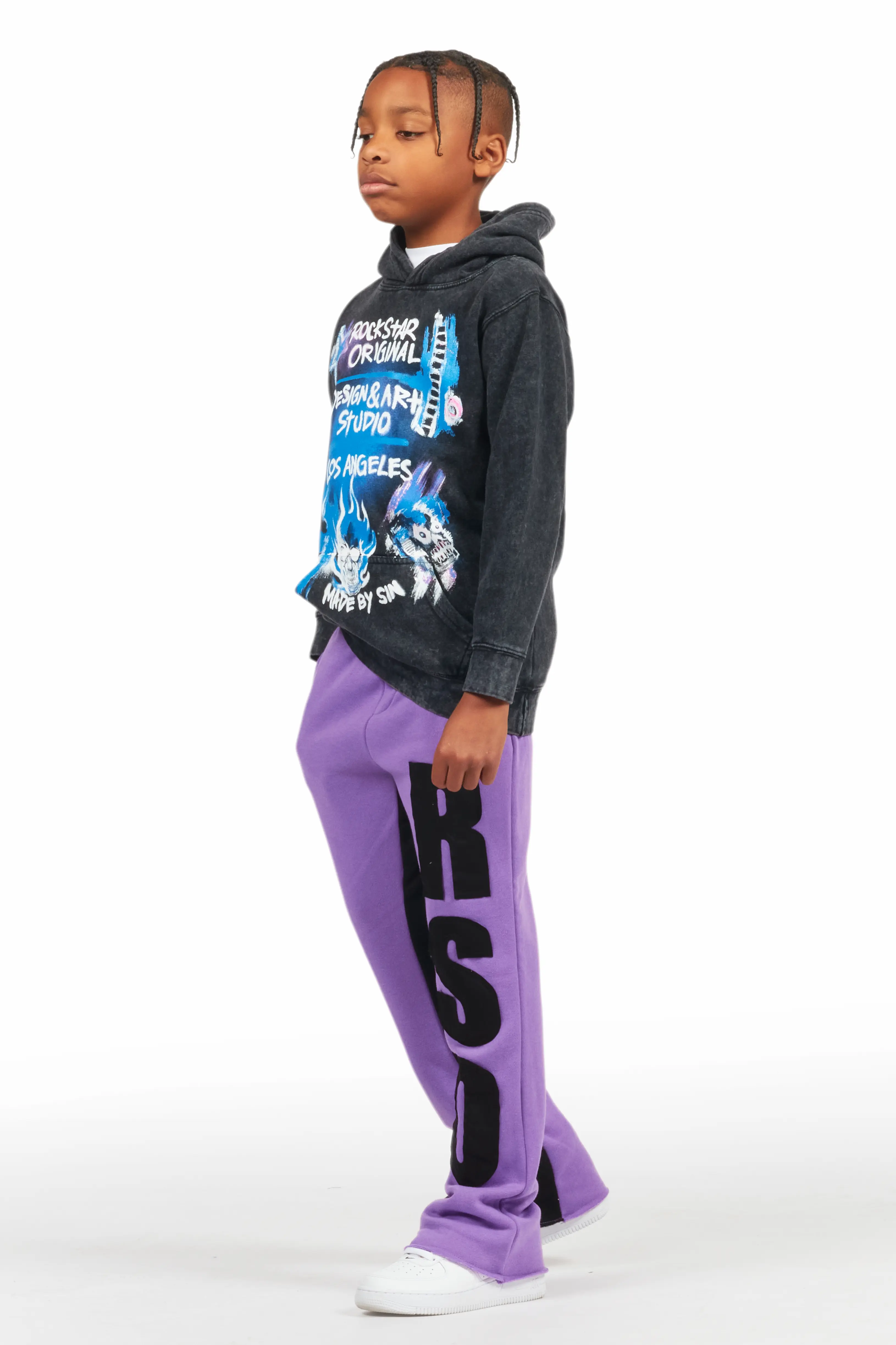 Boys Uko Purple Stacked Baggy Flare Pant - Image 6