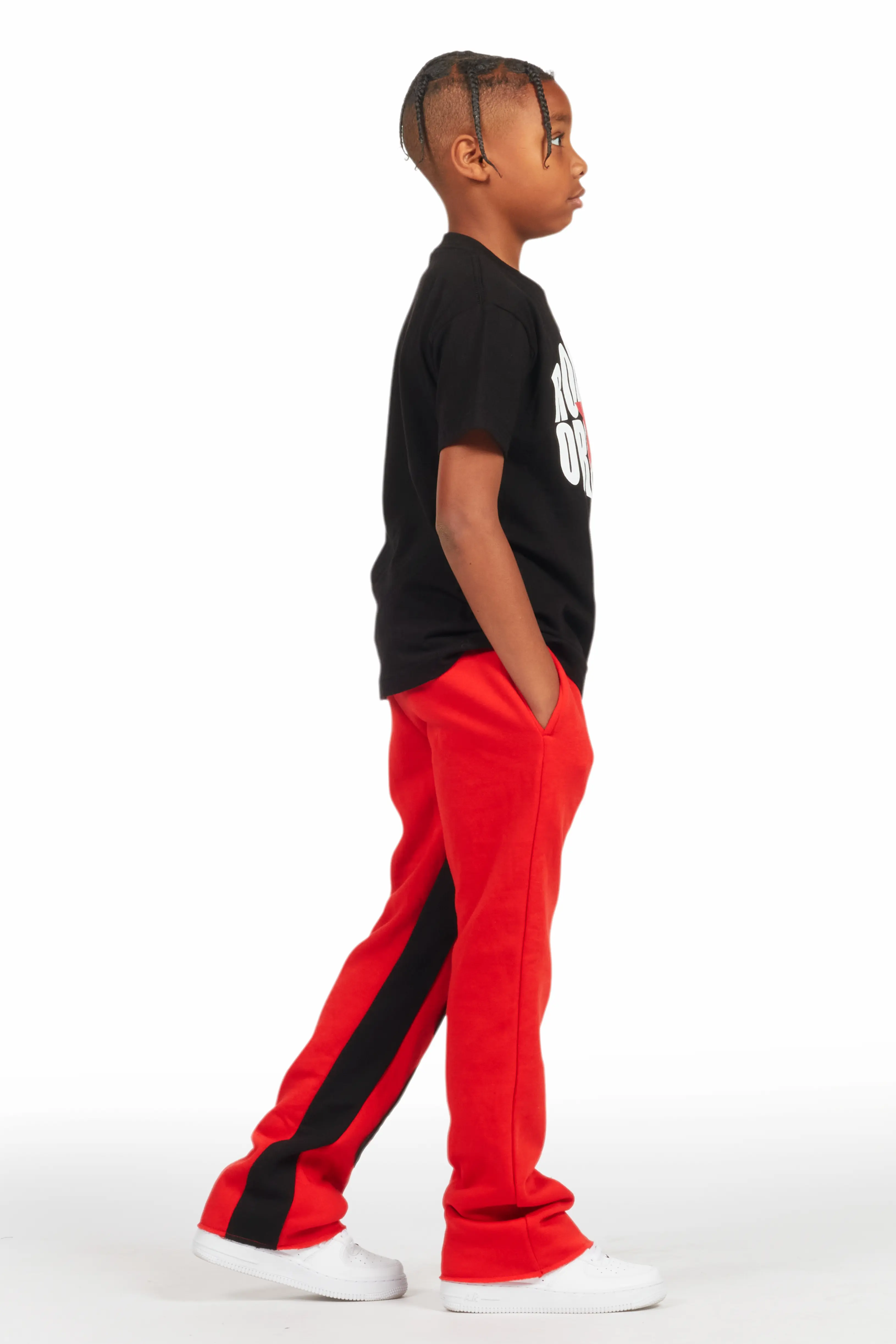 Boys Uko Red Stacked Baggy Flare Pant - Image 4