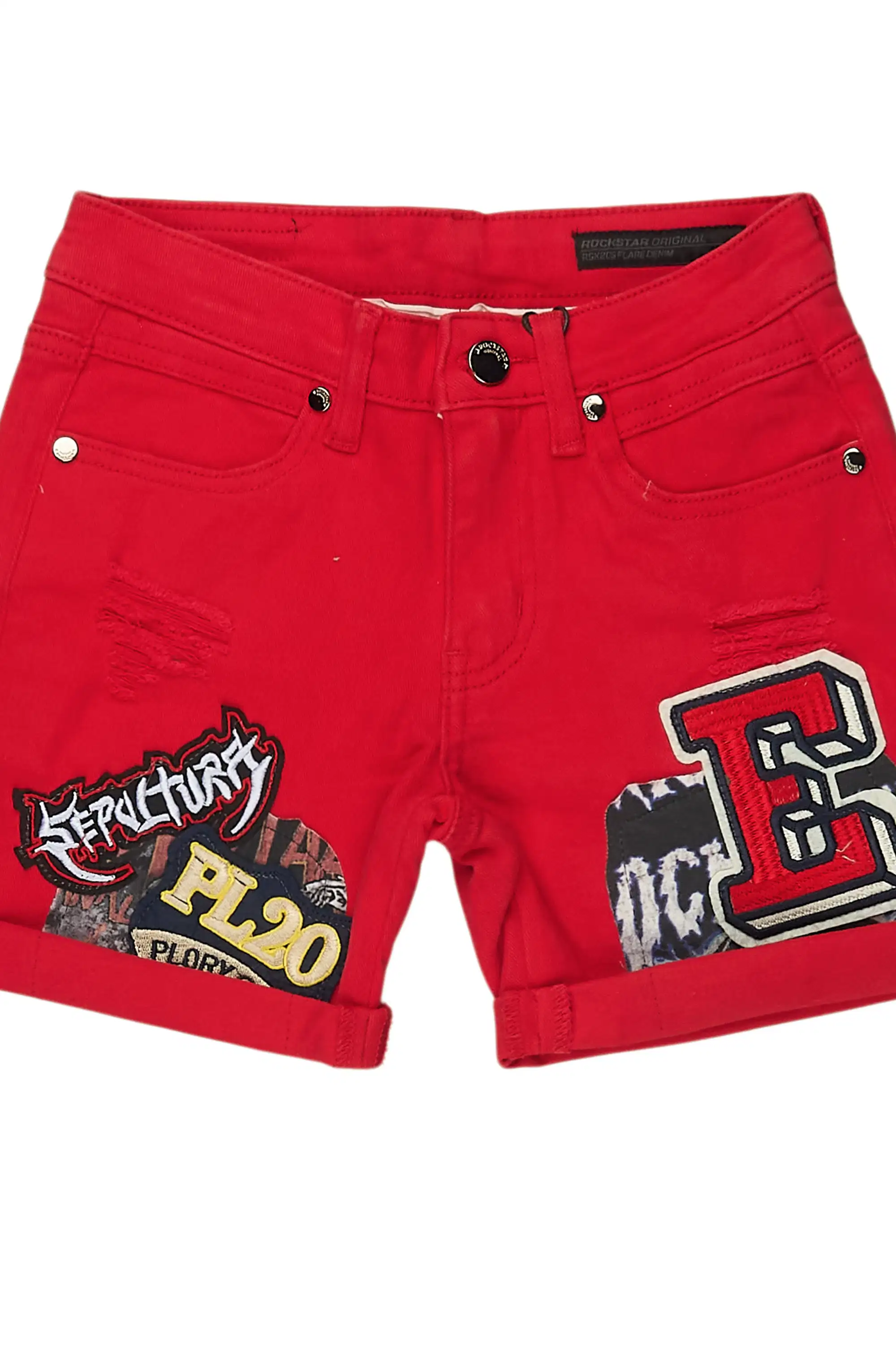 Boys Espen Red Patchwork Denim Short - Image 2