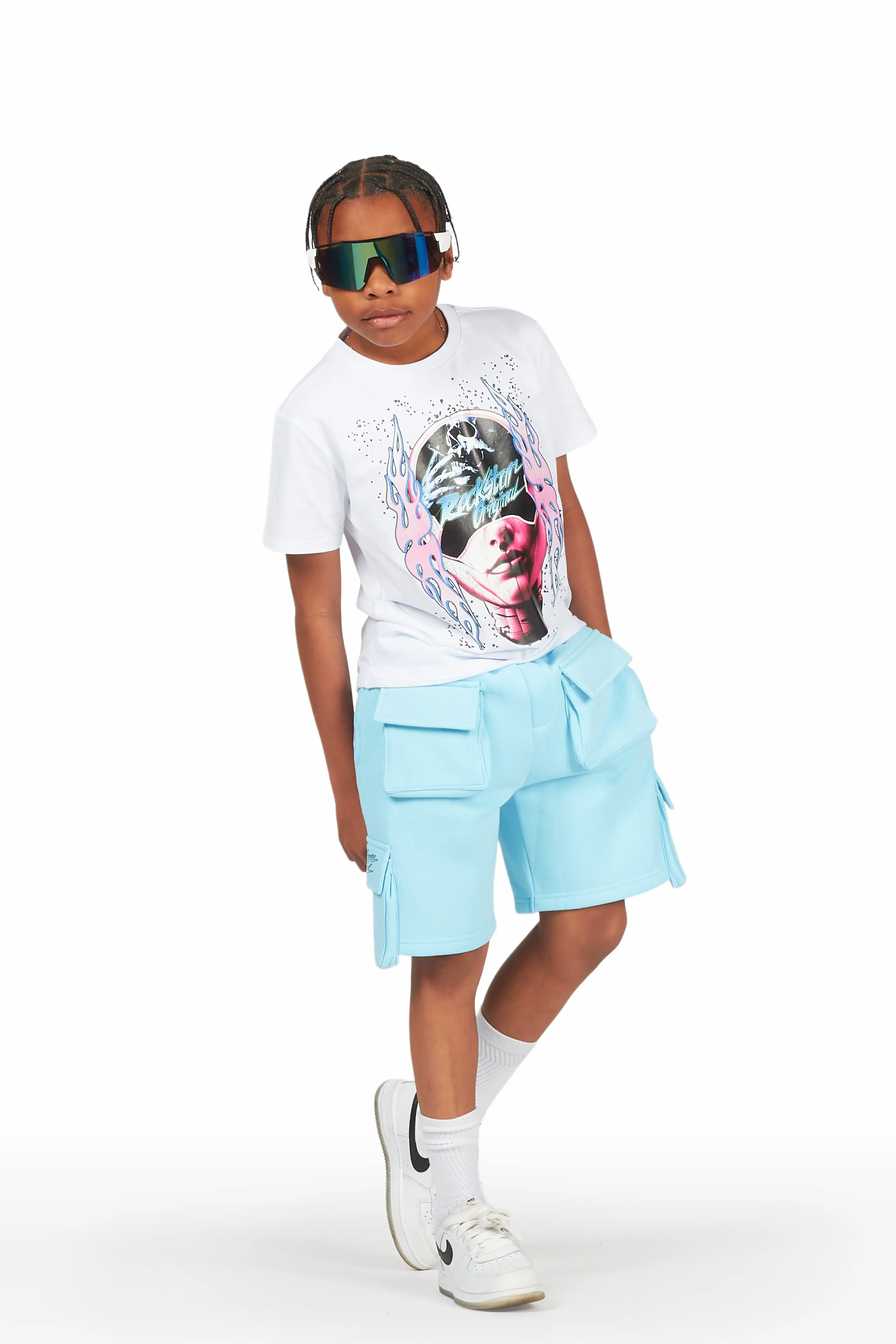 Boys Fume White/Blue T-Shirt Short Set - Image 3