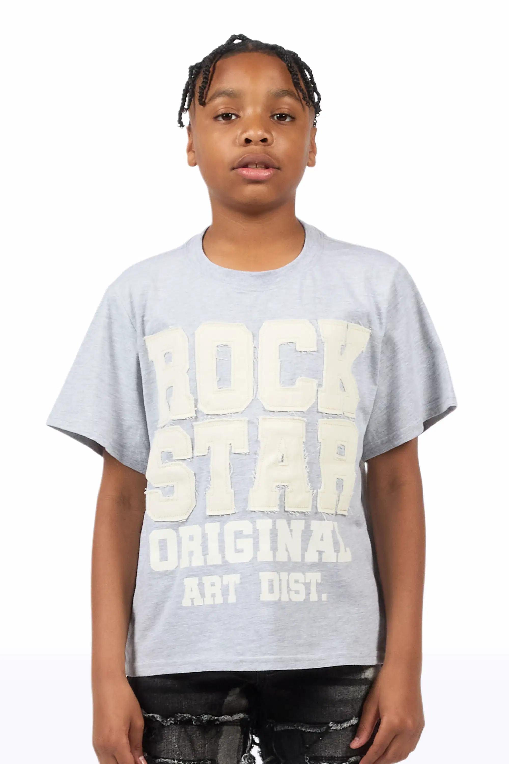 Boys Yulian Heather Grey Patch Stitched Graphic T-Shirt