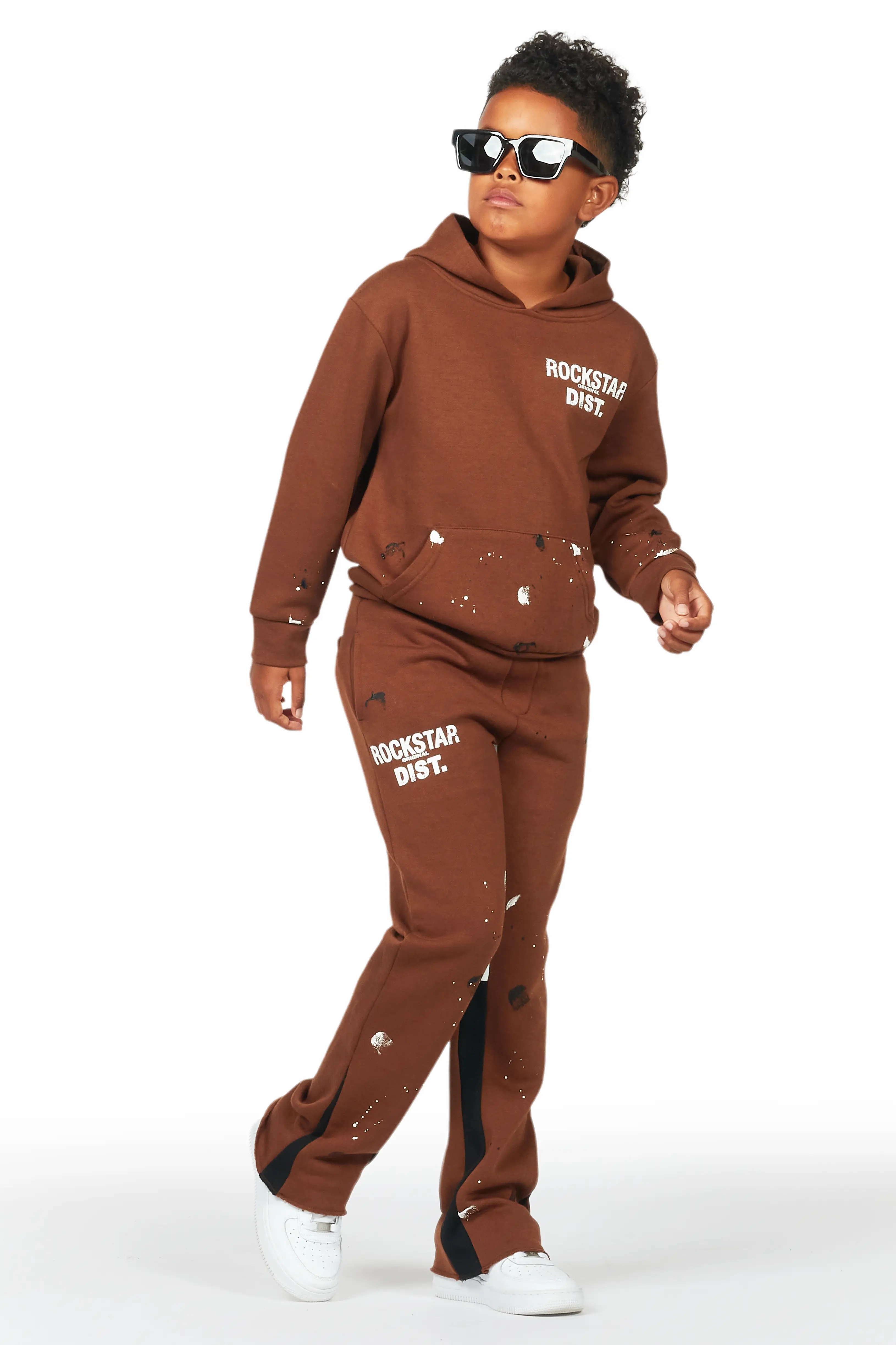 Boys Jaco Brown Hoodie Stacked Flare Track Set - Image 6