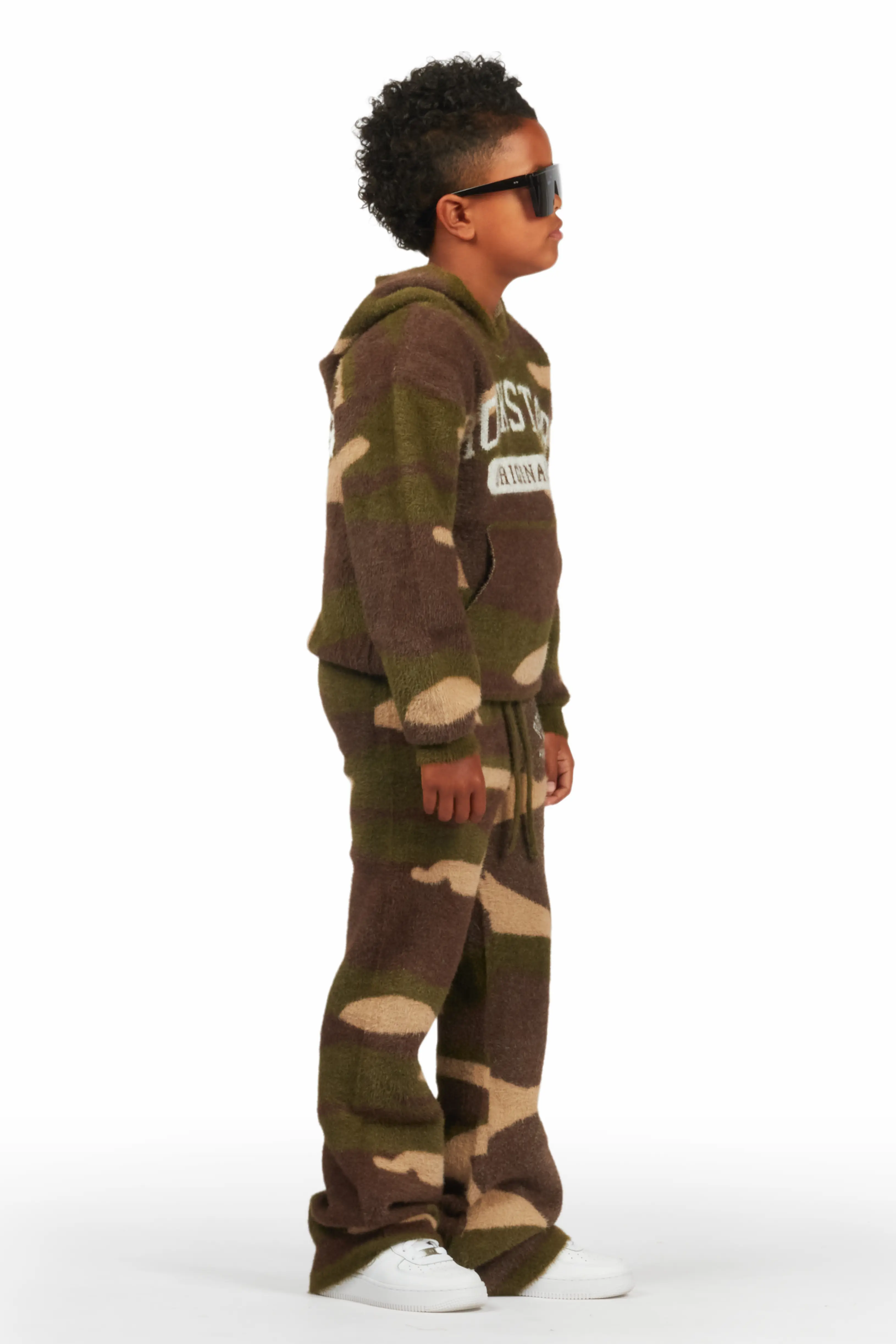 Boys Member Green Camo Stacked Flare Knitted Mohair Track Set - Image 3