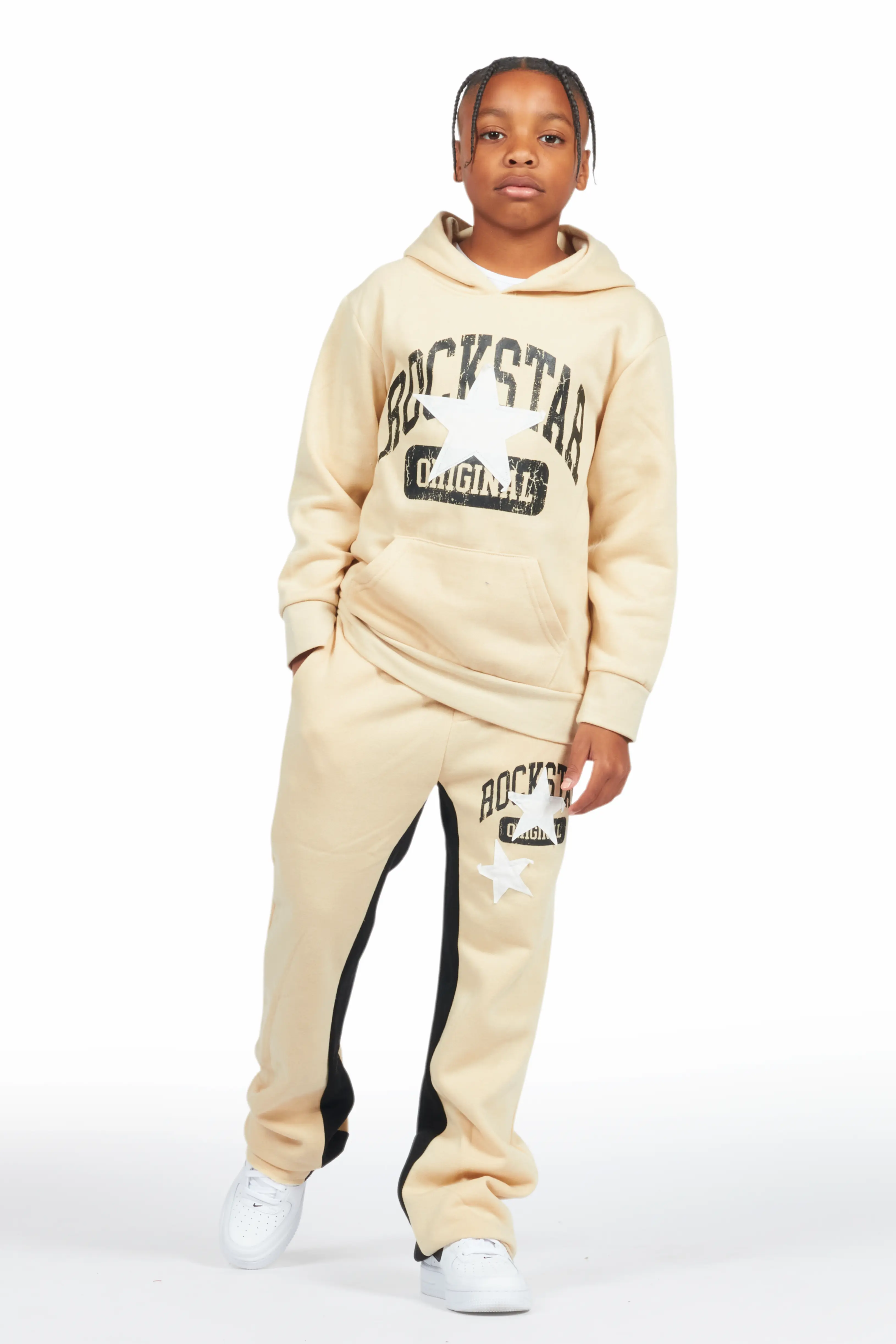 Boys Mallor Beige/White Baggy Stacked Hoodie Track Set - Image 2