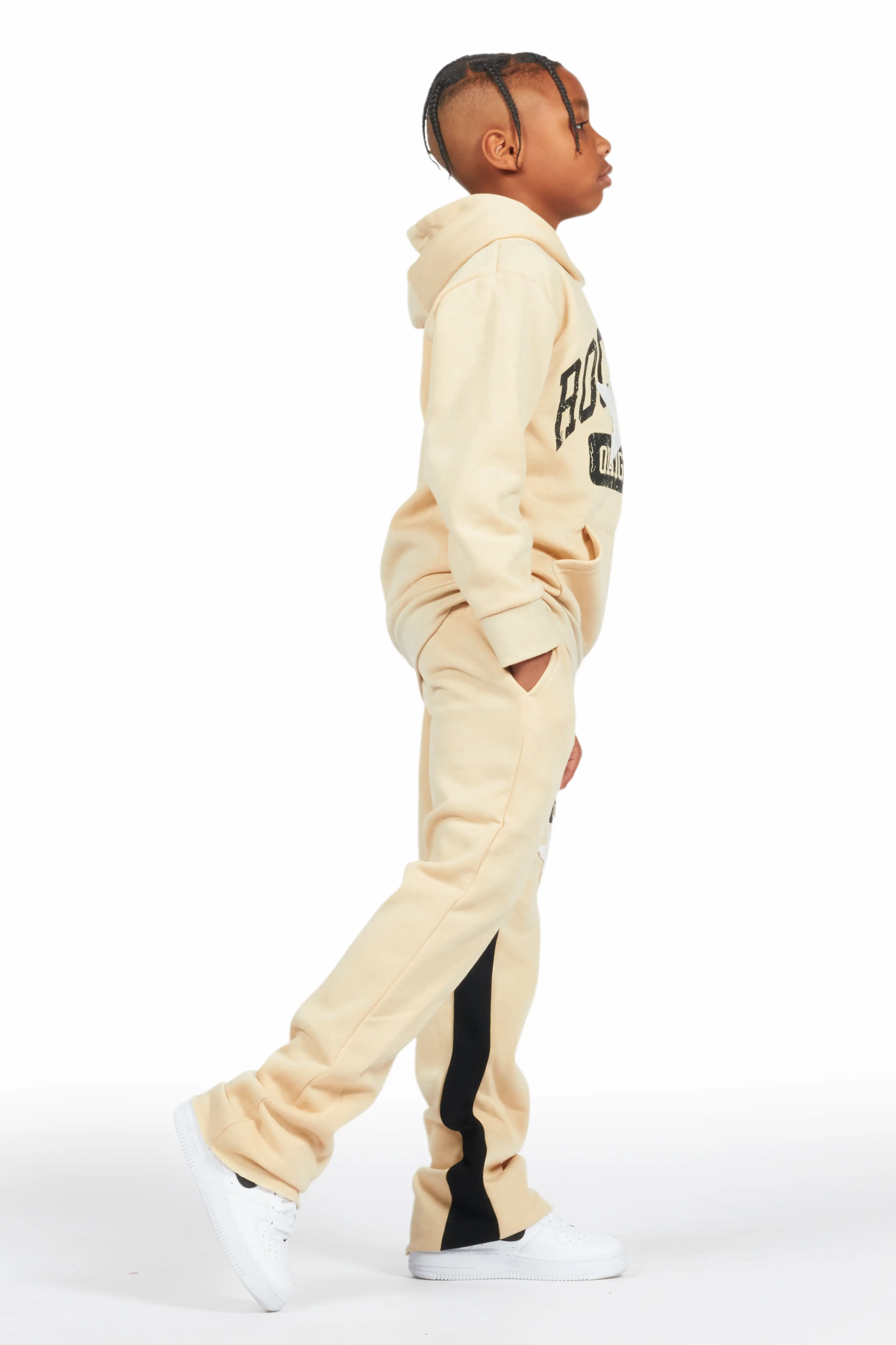 Boys Mallor Beige/White Baggy Stacked Hoodie Track Set - Image 3