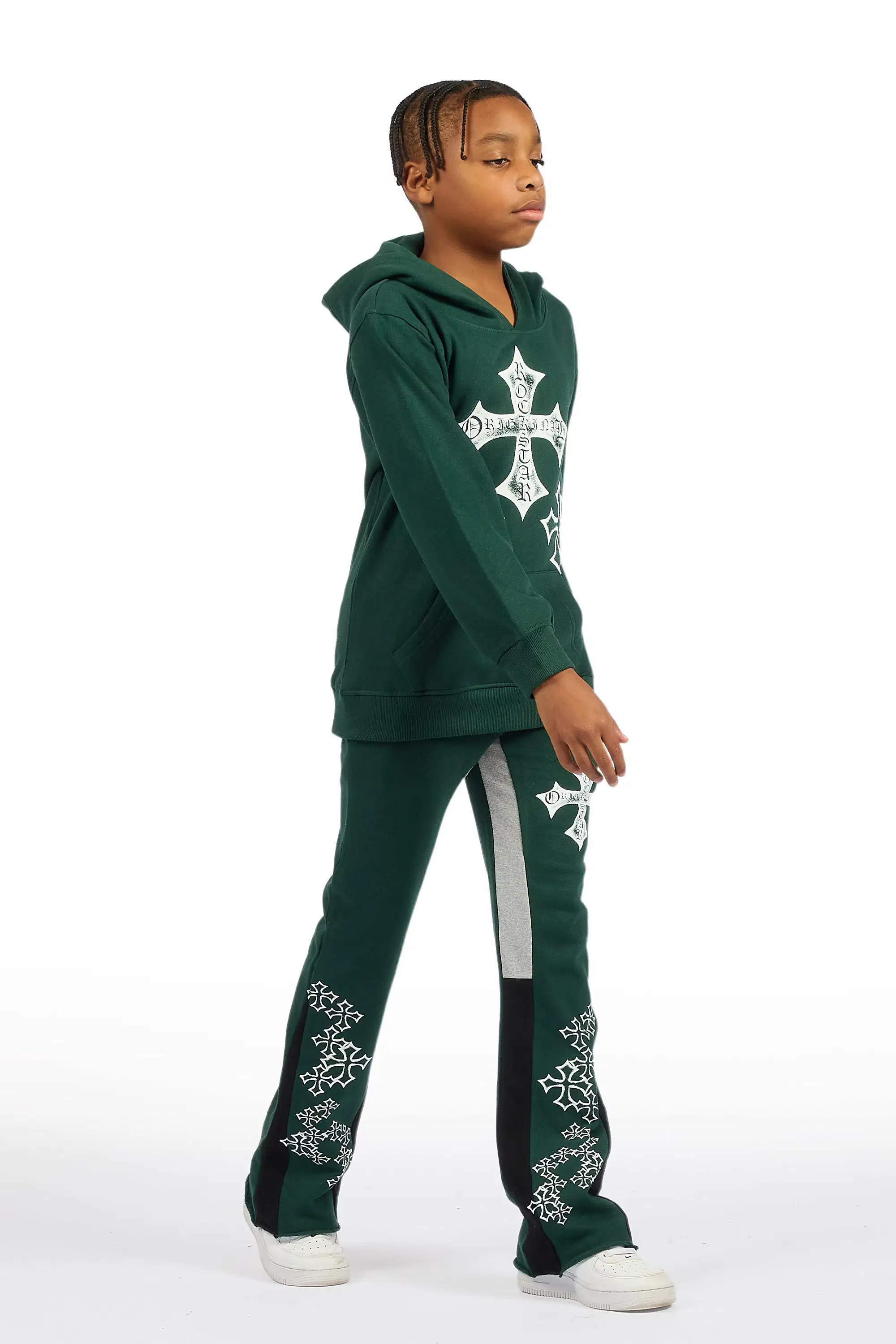 Boys Marizon Green/White Hoodie/Stacked Flare Track Set - Image 3