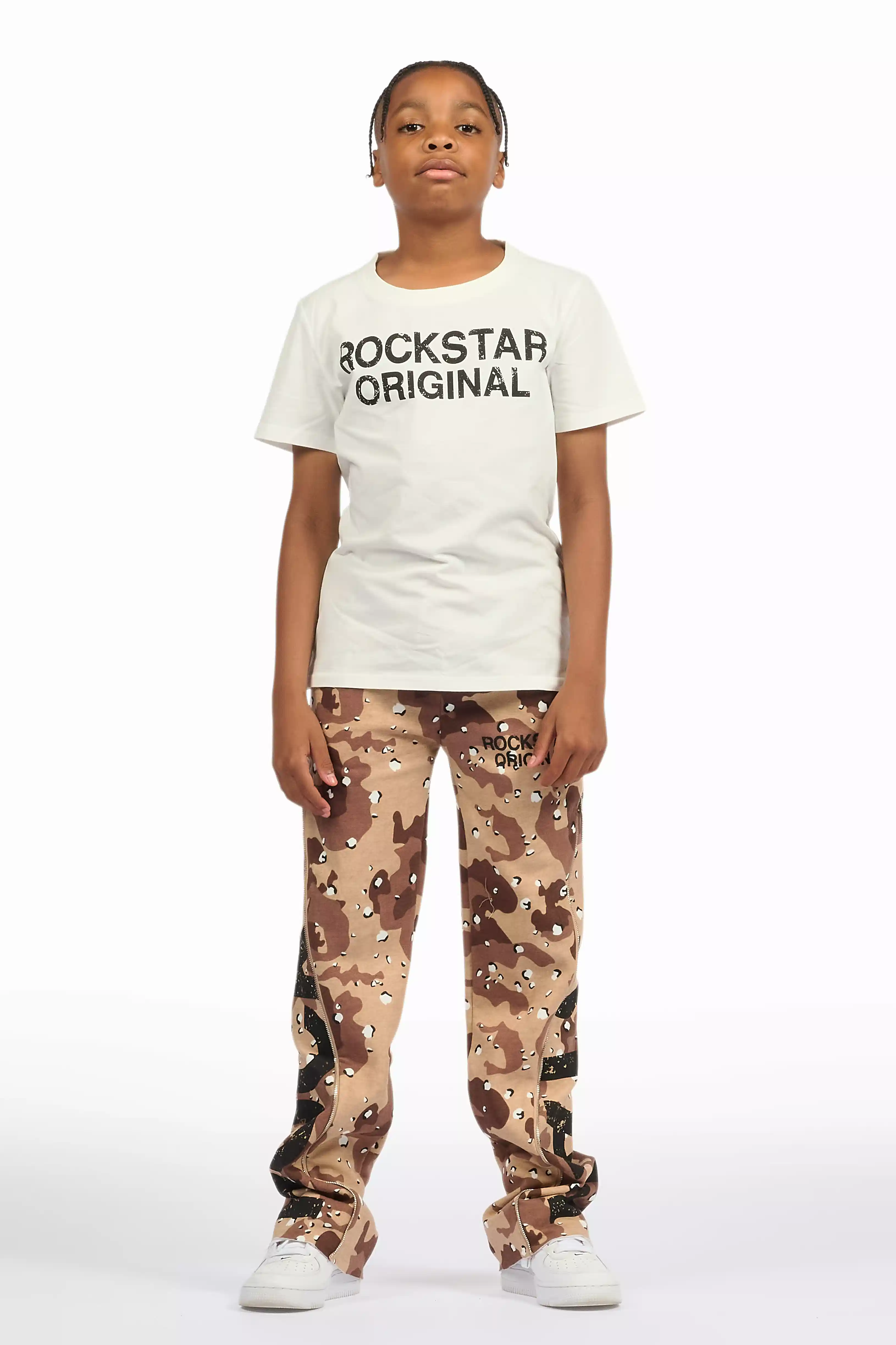 Boys Deniska White/Camo T-Shirt Baggy Stacked Flare Set - Image 5