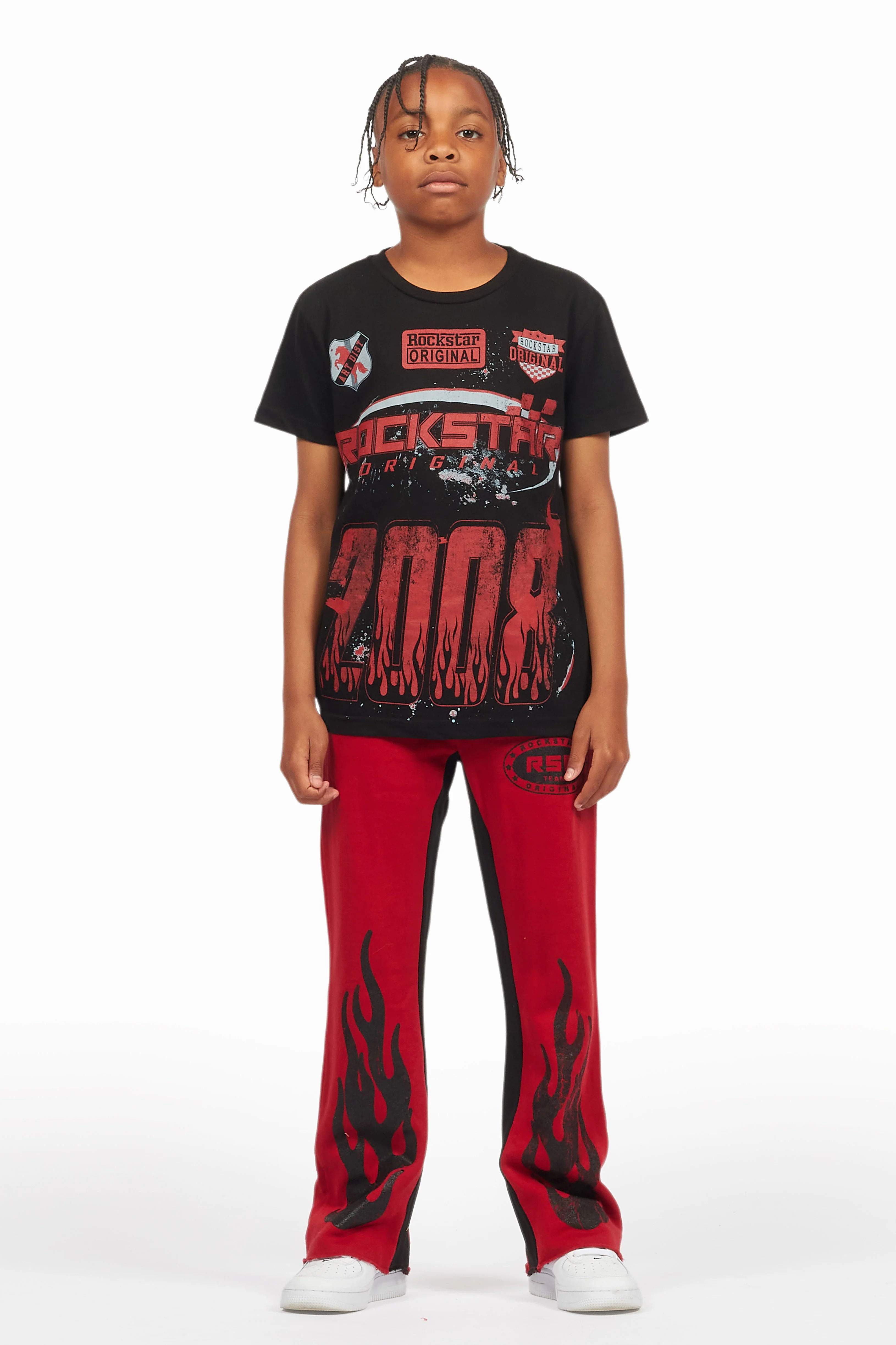 Boys Amos Black/Burgundy T-Shirt/Stacked Baggy Flare Pant Set - Image 2