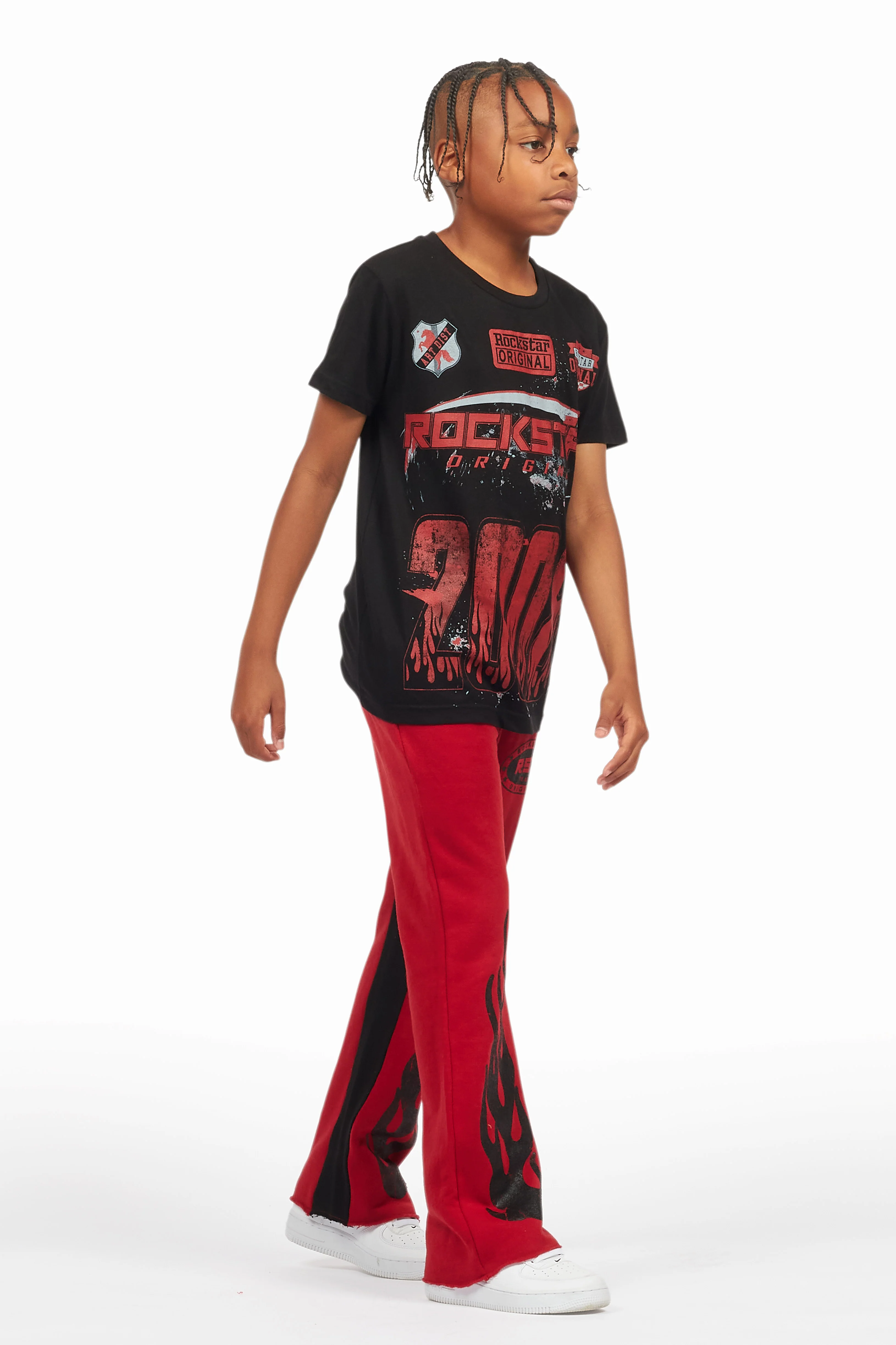Boys Amos Black/Burgundy T-Shirt/Stacked Baggy Flare Pant Set - Image 3