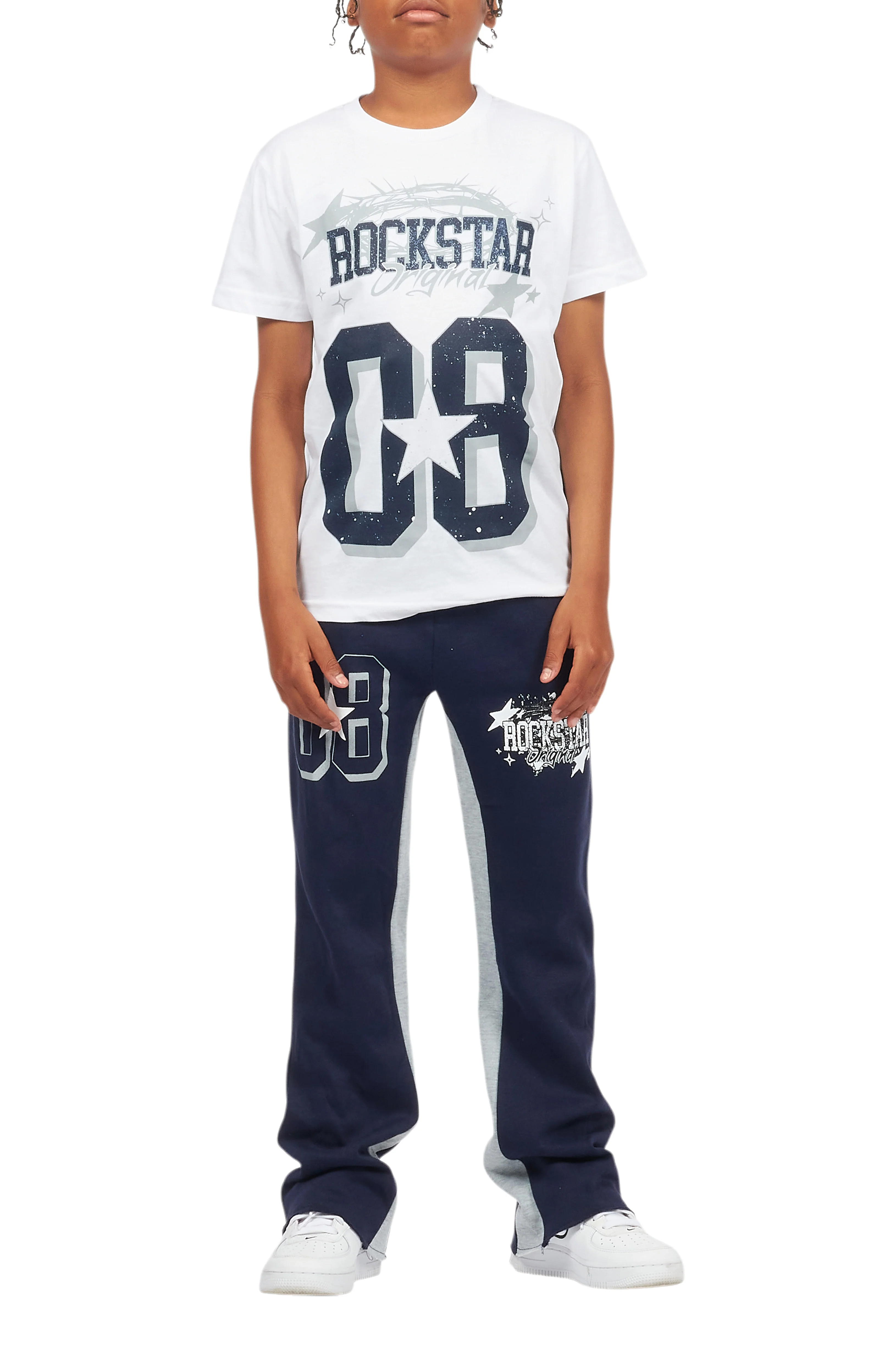 Boys Allstar White/Navy T-Shirt/Stacked Baggy Flare Pant Set - Image 8