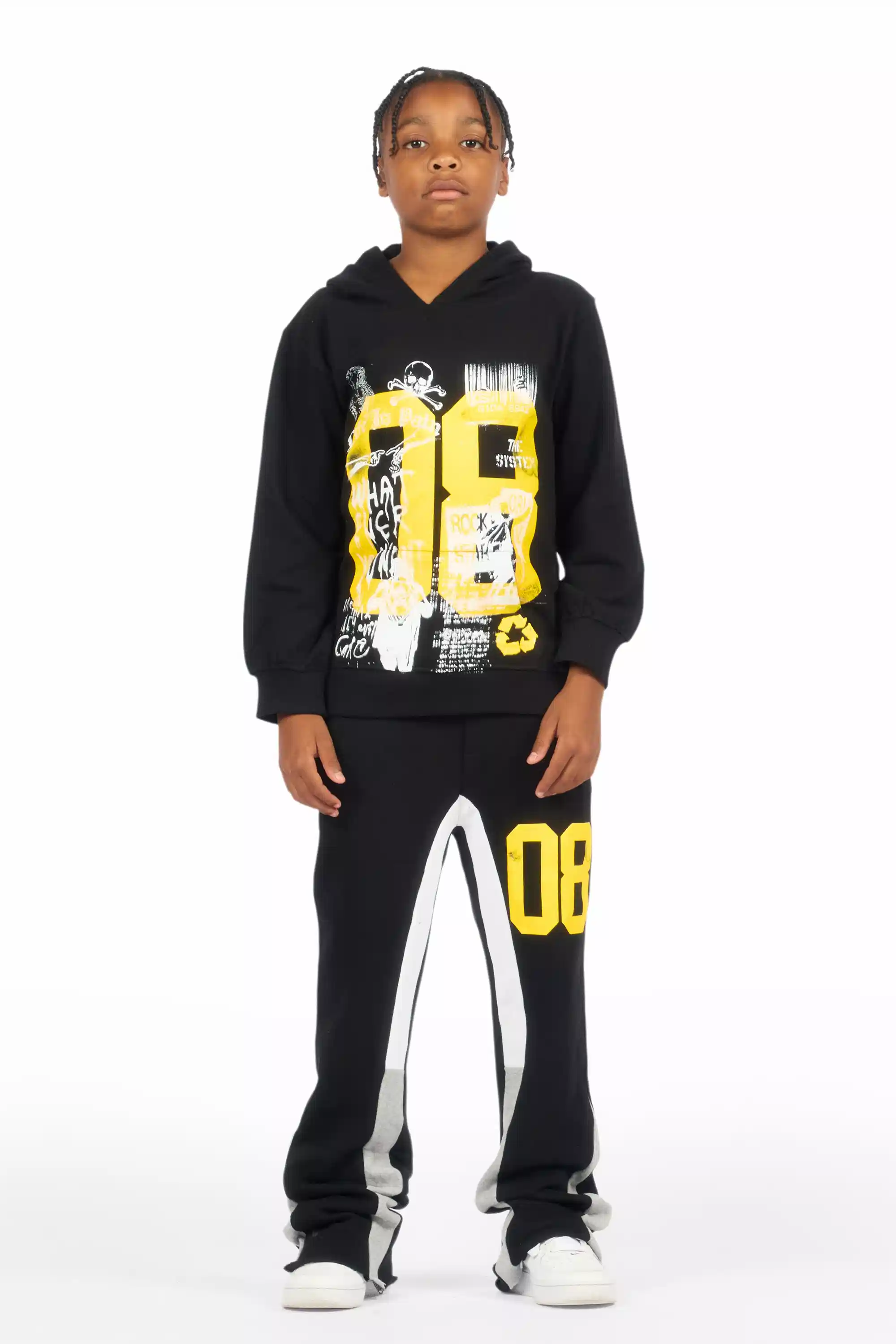 Boys Beau Black/Yellow Hoodie Stacked Flare Track Set - Image 2