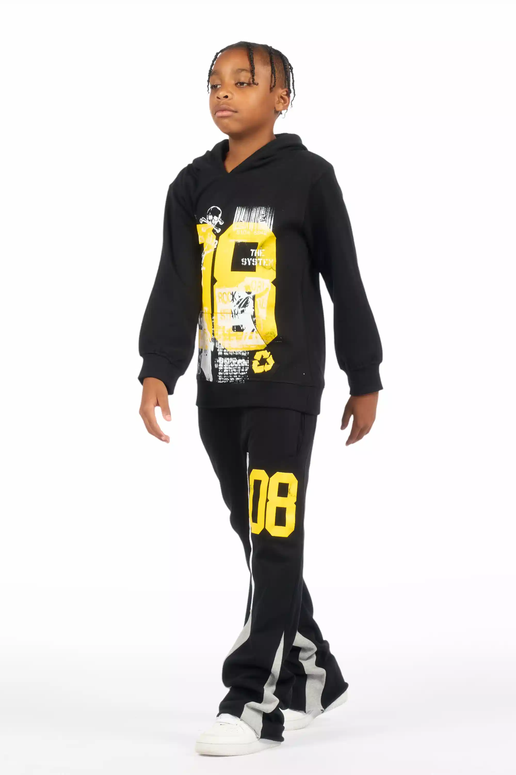Boys Beau Black/Yellow Hoodie Stacked Flare Track Set - Image 5