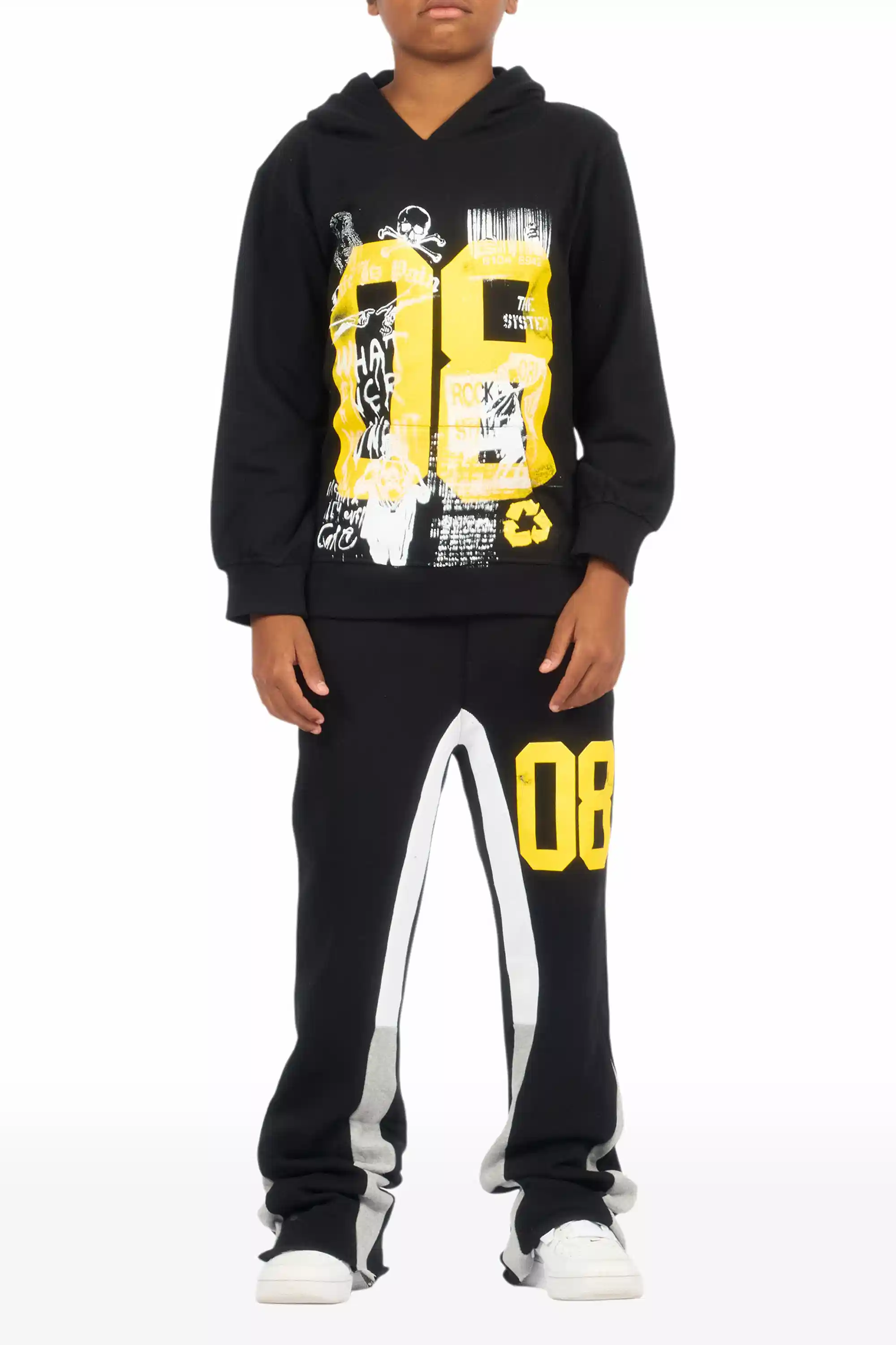 Boys Beau Black/Yellow Hoodie Stacked Flare Track Set - Image 8