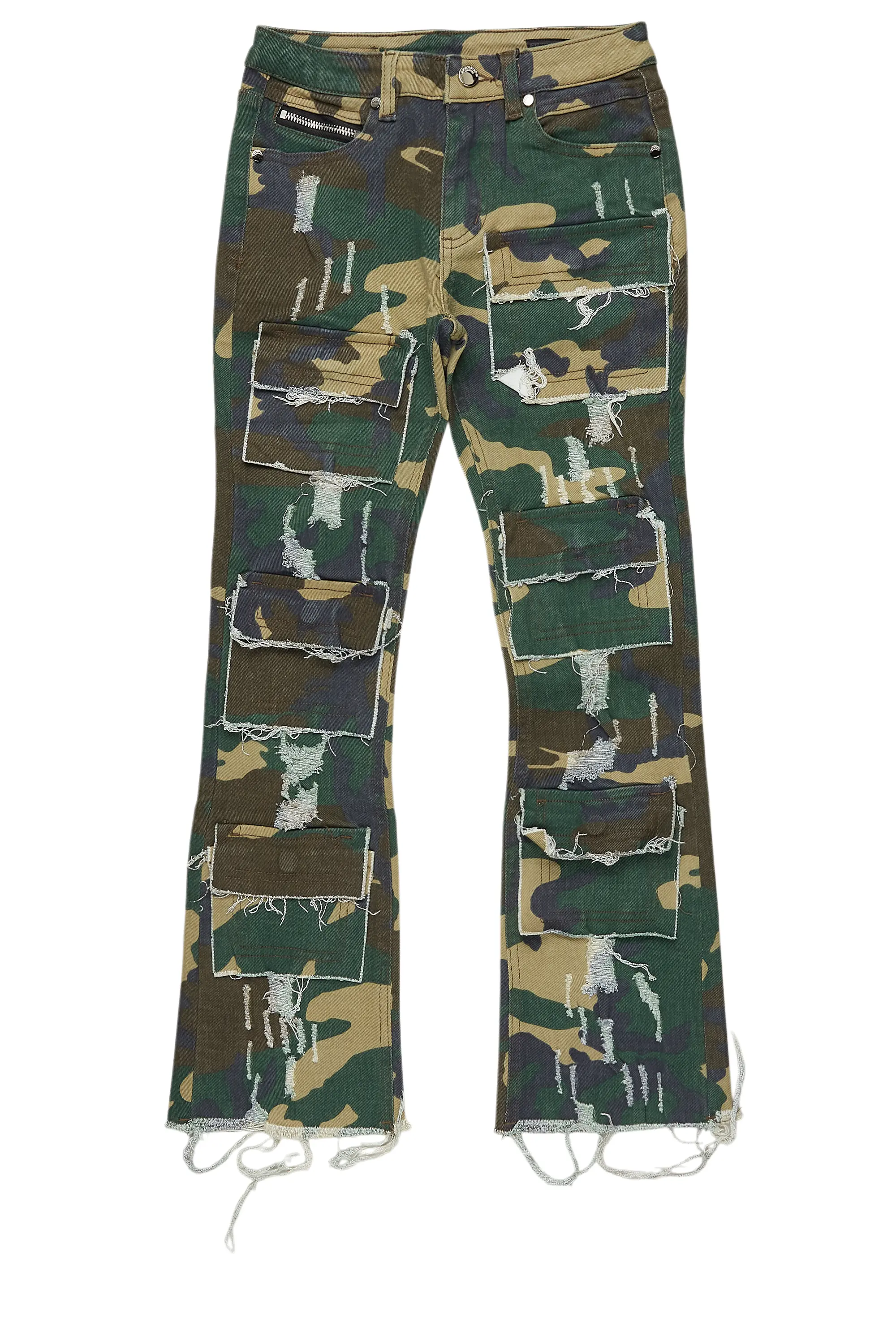 Girls Aimee Green Camo/Grey Hoodie/Stacked Flare Jean Set - Image 4