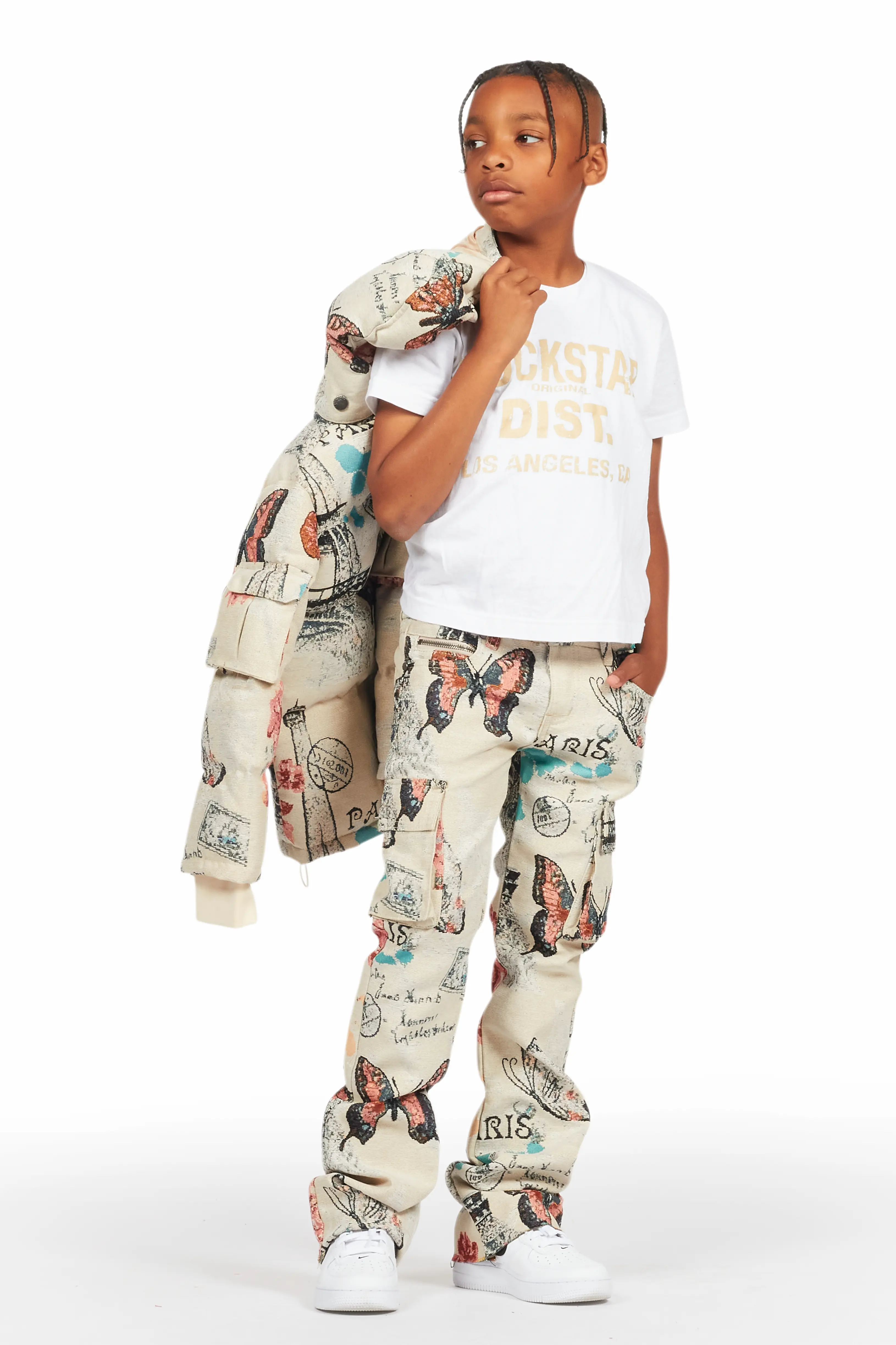 Boys Lamont Beige Multi Tapestry Puffer Jacket/Flare Jean Set - Image 7