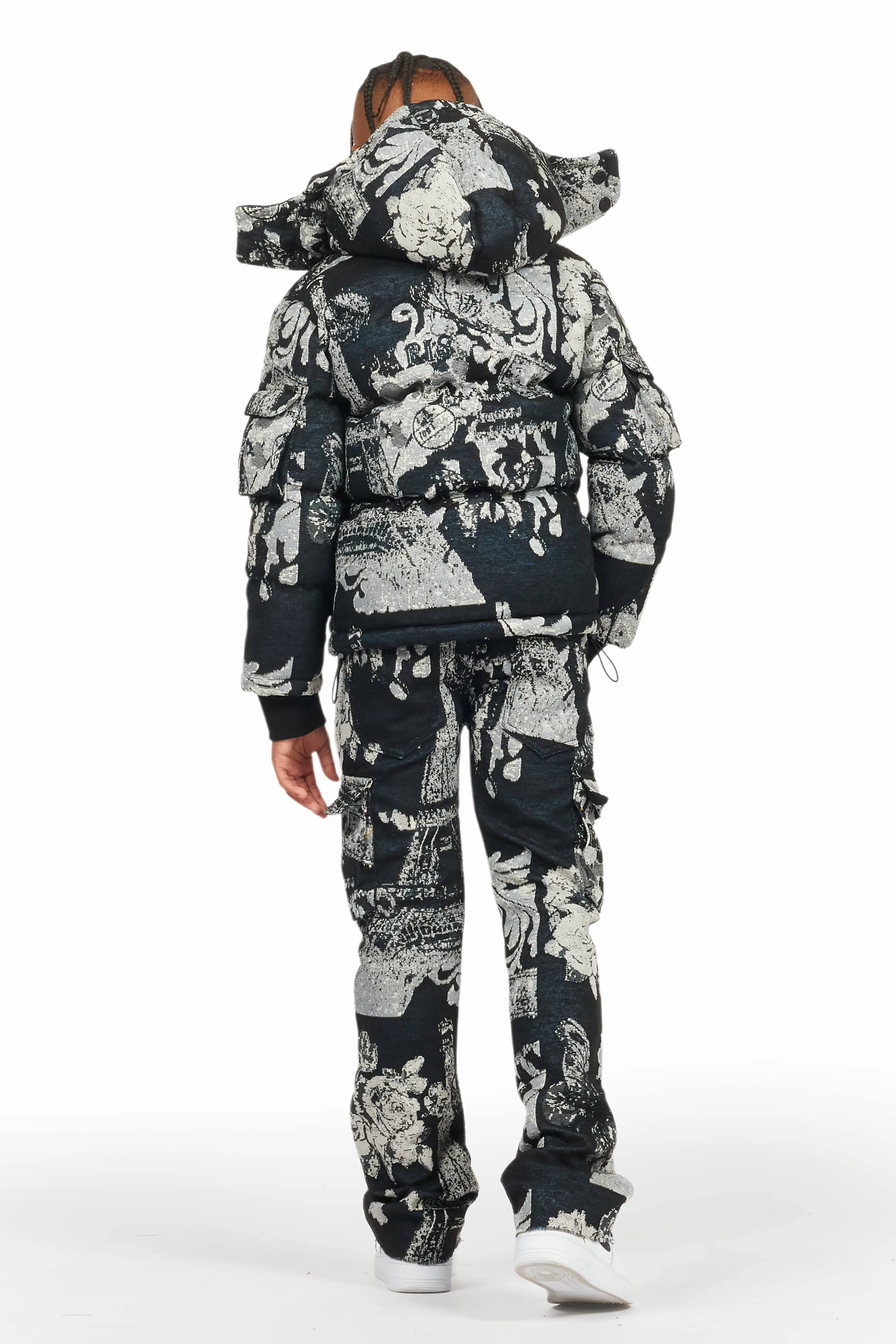 Boys Lamont Black Tapestry Puffer Jacket/Flare Jean Set - Image 4