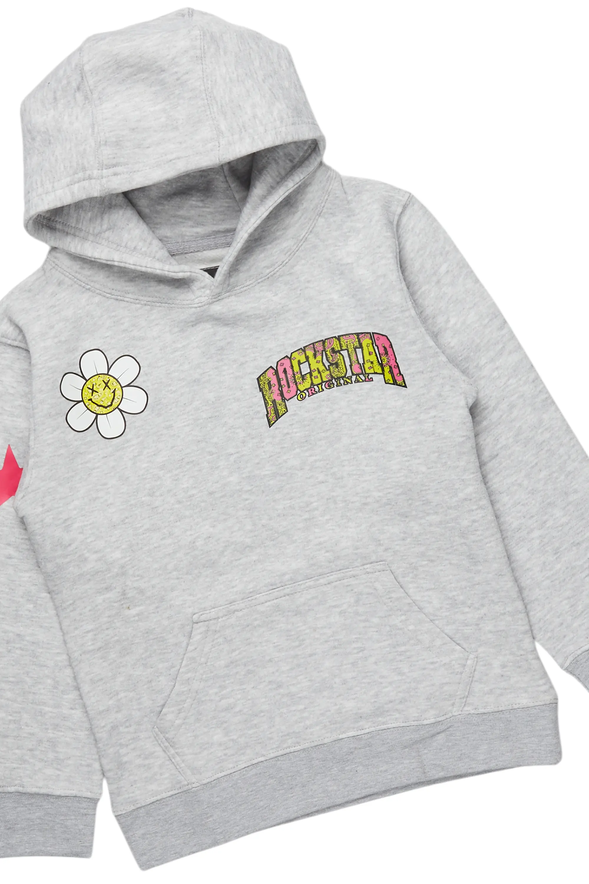 Girls Basira Heather Grey Hoodie/Stacked Flare Jean Set - Image 2