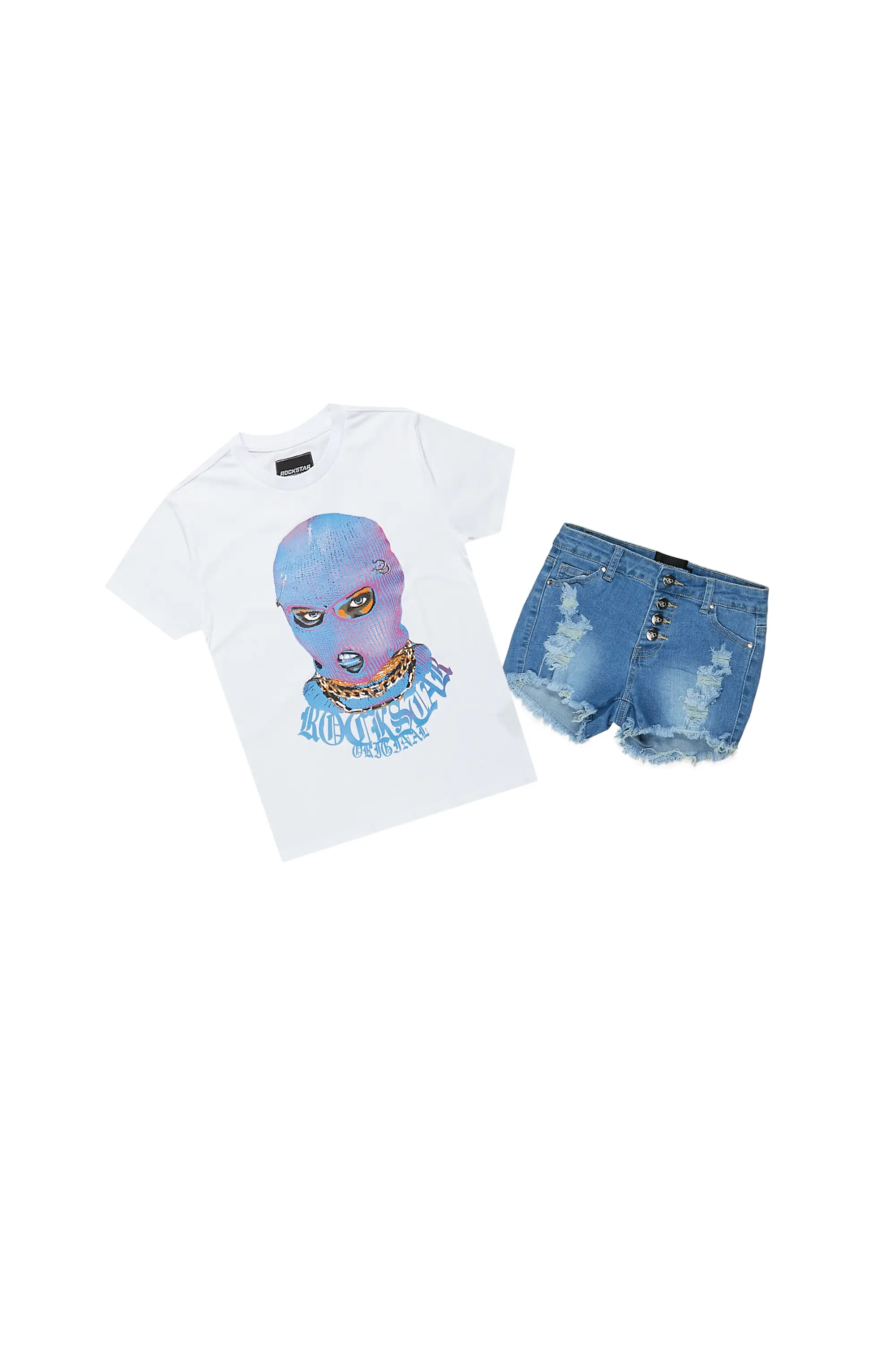 Girls Serilda White/Blue T-Shirt/Denim Short Set - Image 2