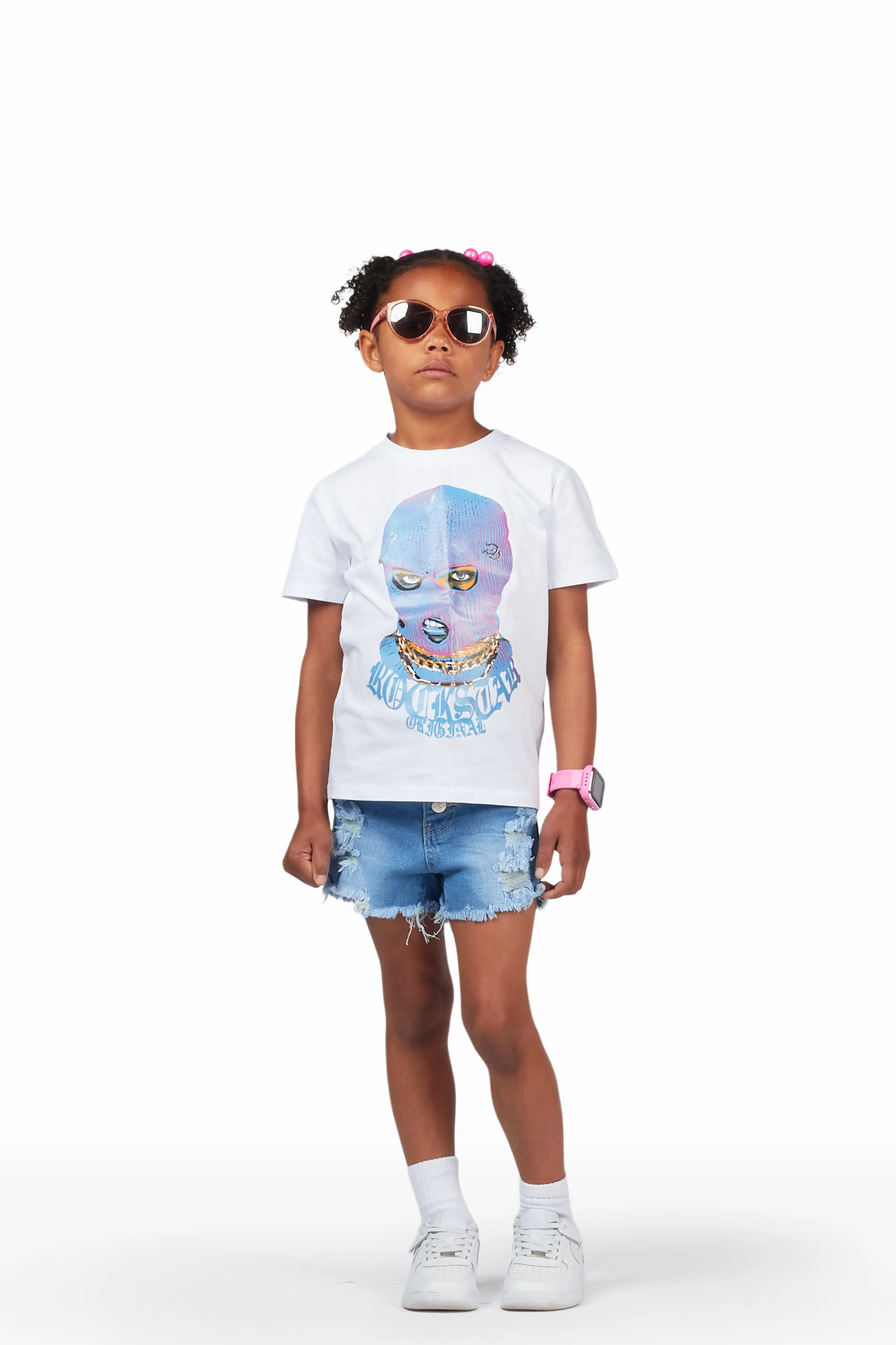 Girls Serilda White/Blue T-Shirt/Denim Short Set - Image 3