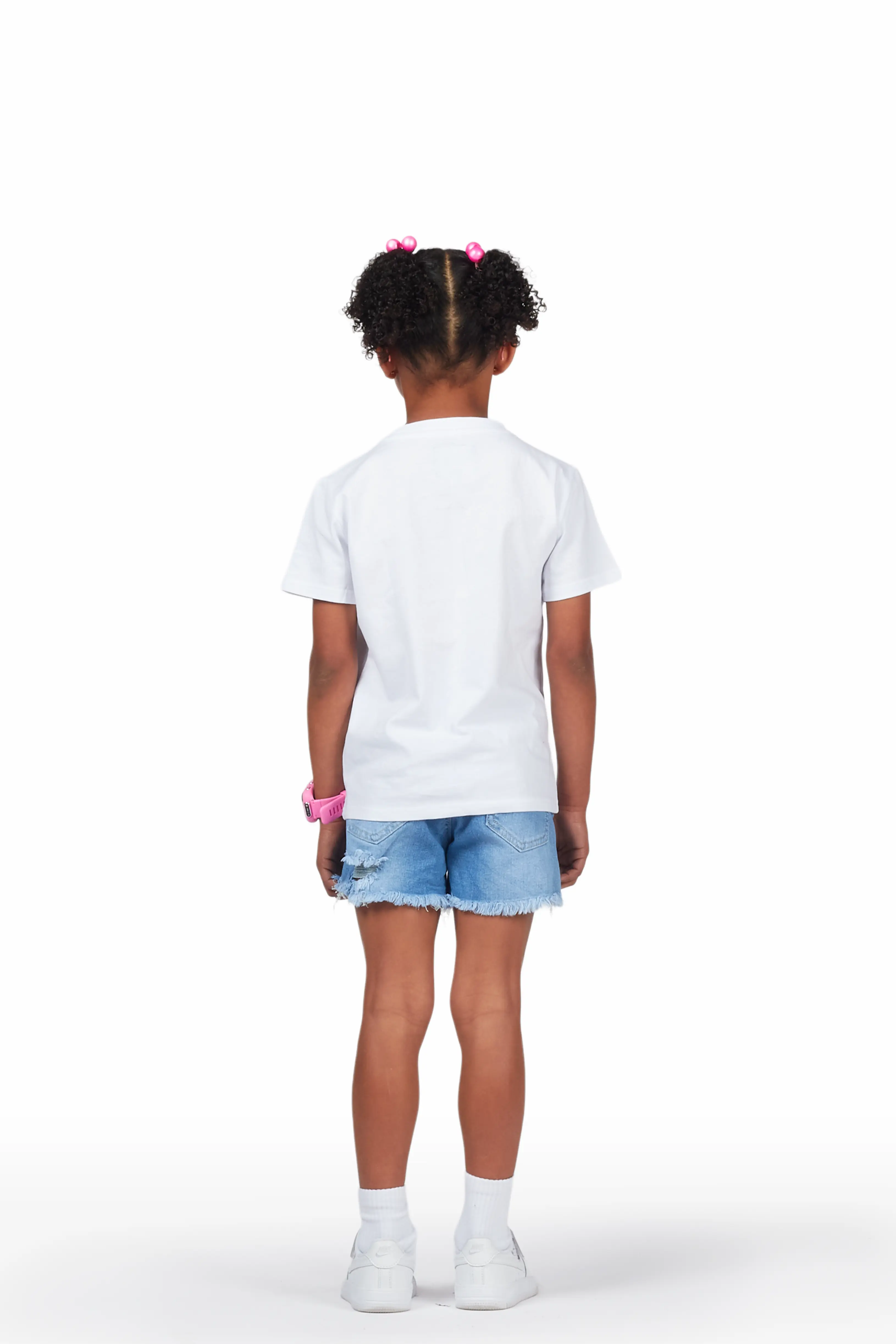 Girls Serilda White/Blue T-Shirt/Denim Short Set - Image 5