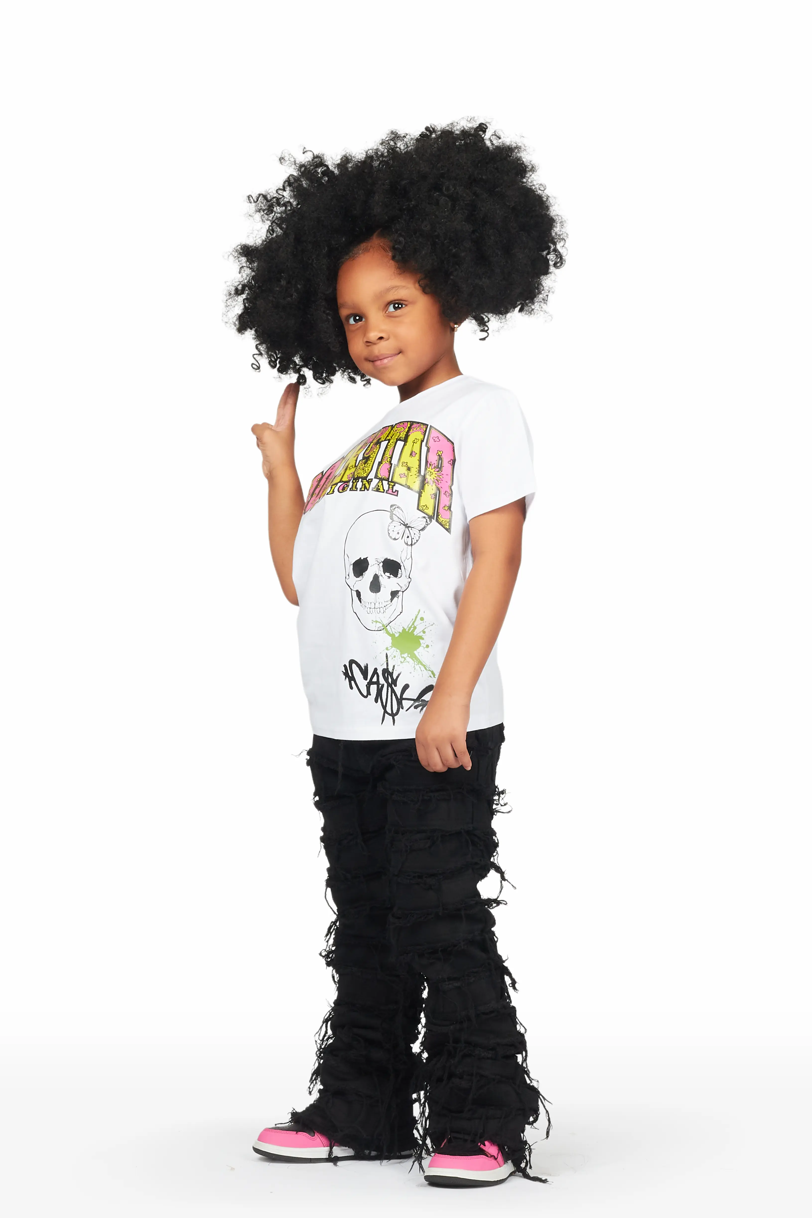 Girls Miah White/Black T-Shirt/Stacked Flare Jean Set - Image 3