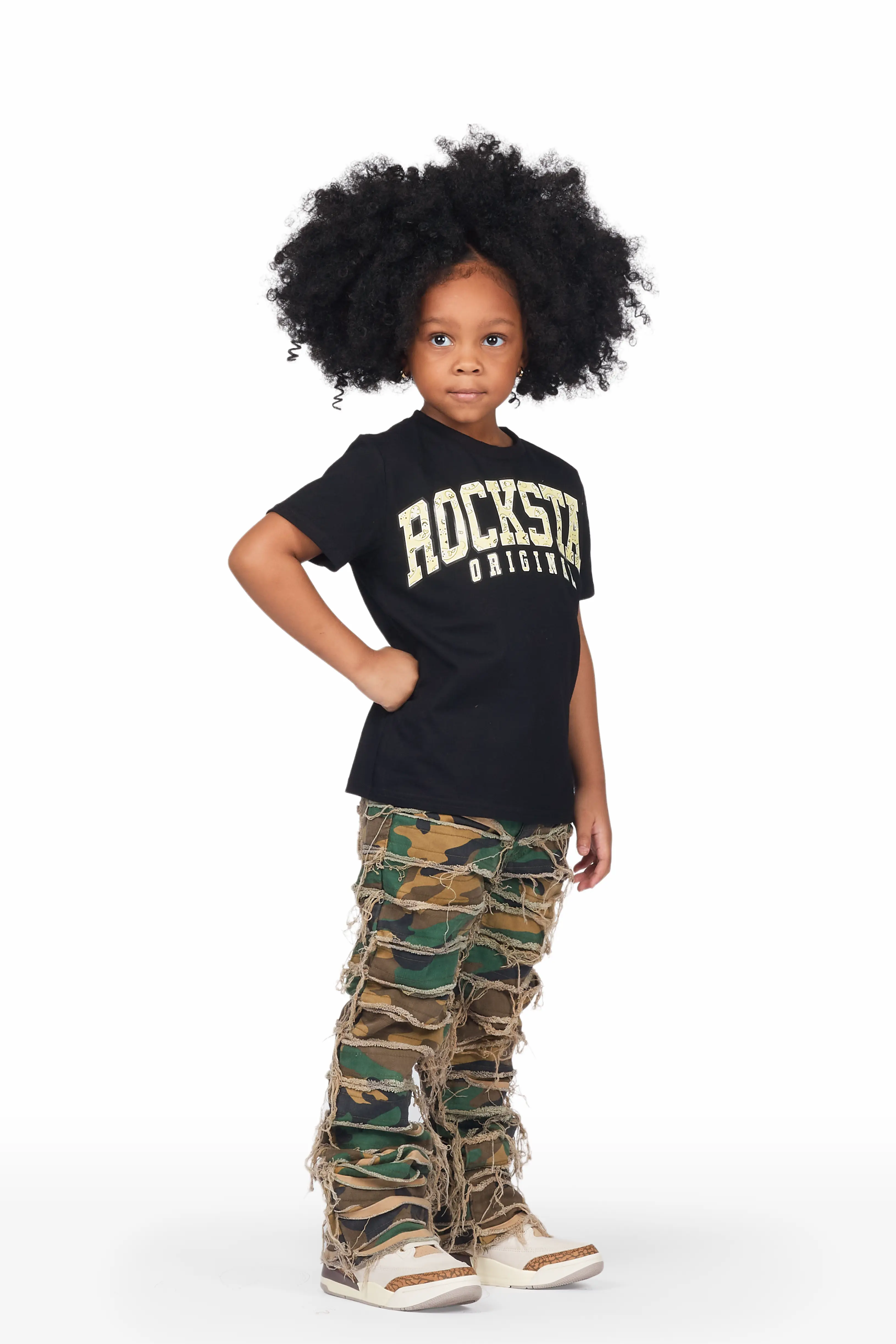 Girls Amelia Black/Camo T-Shirt/Stacked Flare Jean Set - Image 3