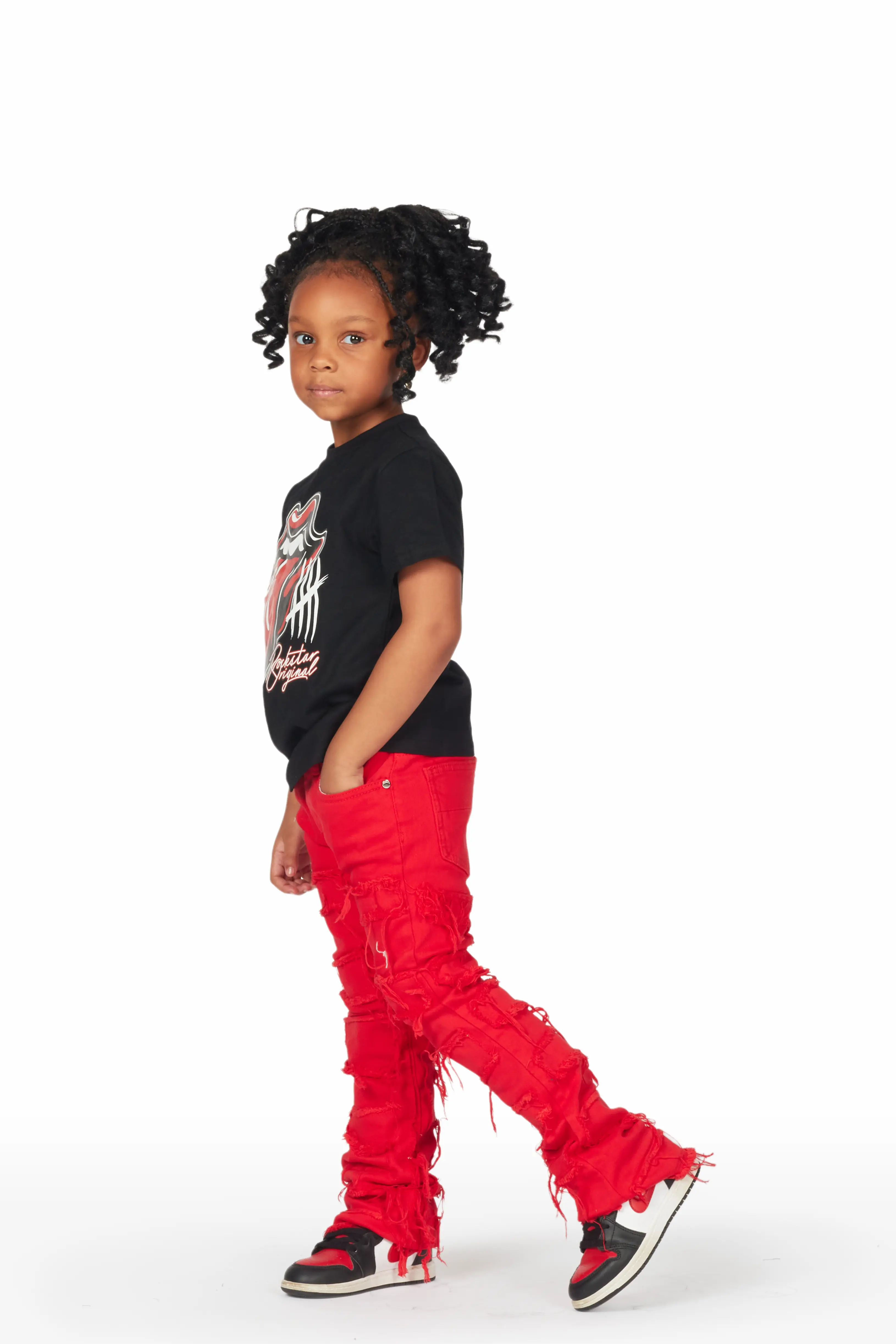 Girls Luna Black/Red T-Shirt/Stacked Flare Jean Set - Image 3