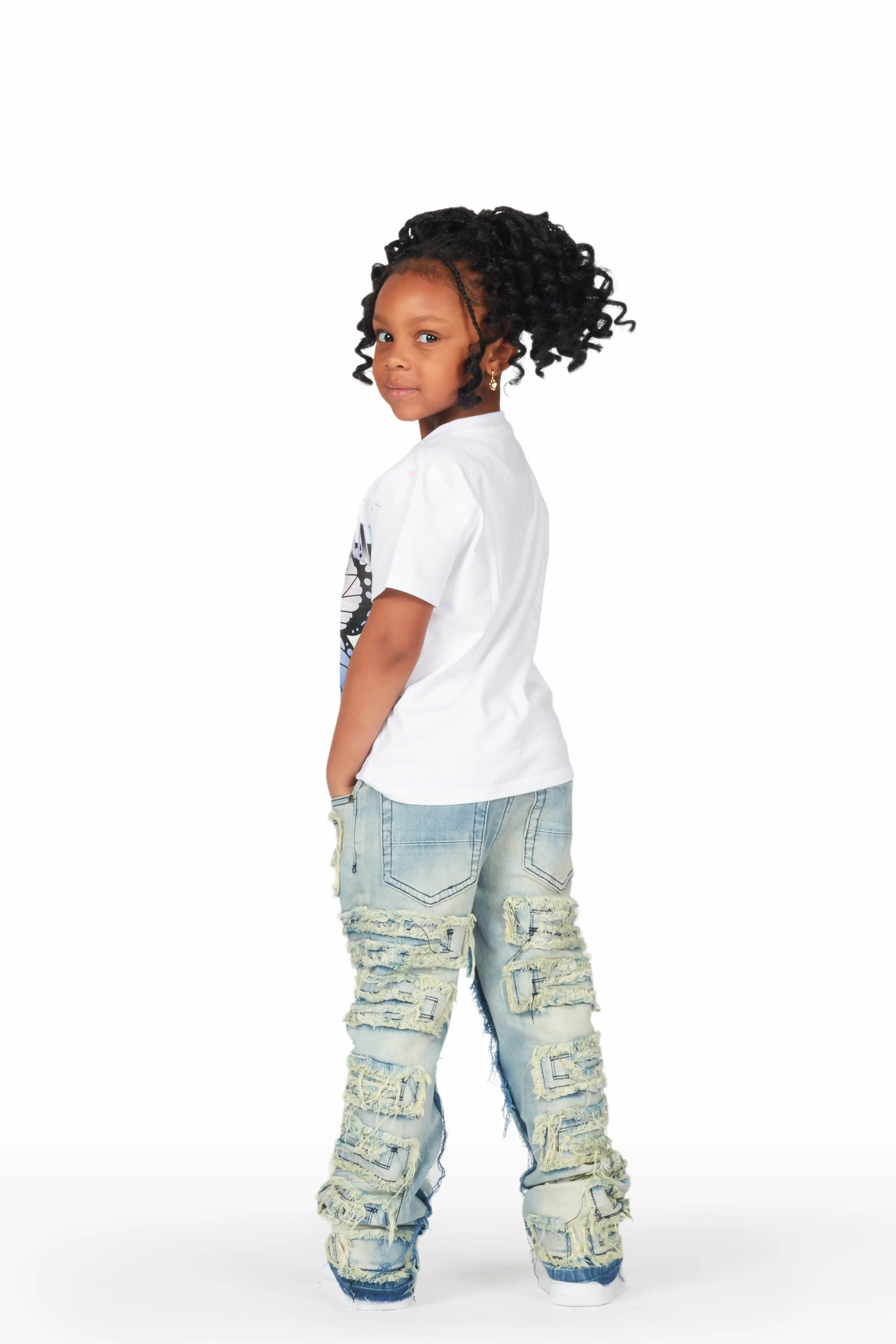 Girls Edina White/Blue T-Shirt/Stacked Flare Jean Set - Image 3