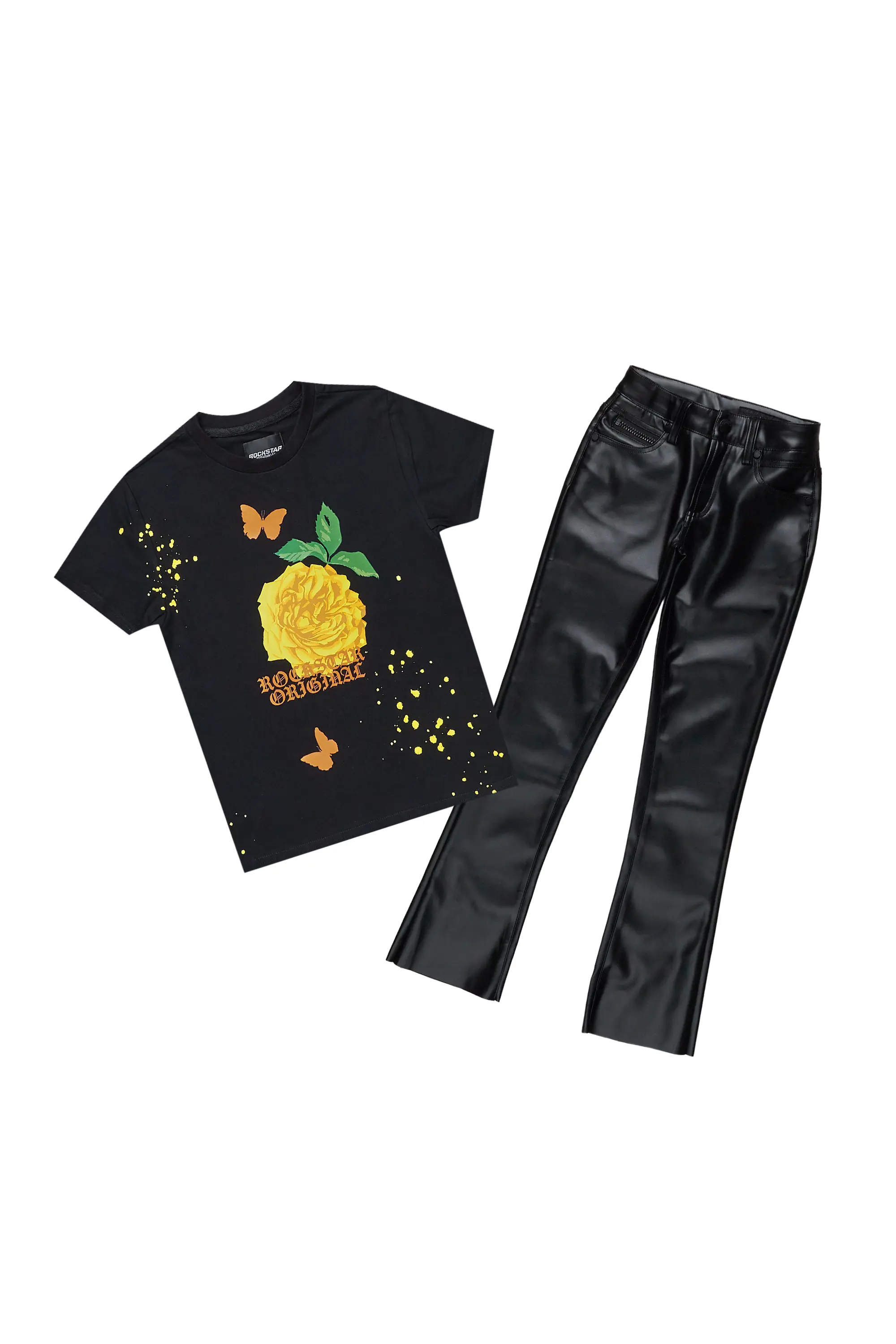 Girls Galia Black T-Shirt/Super Stacked Flare PU Jean Set - Image 2
