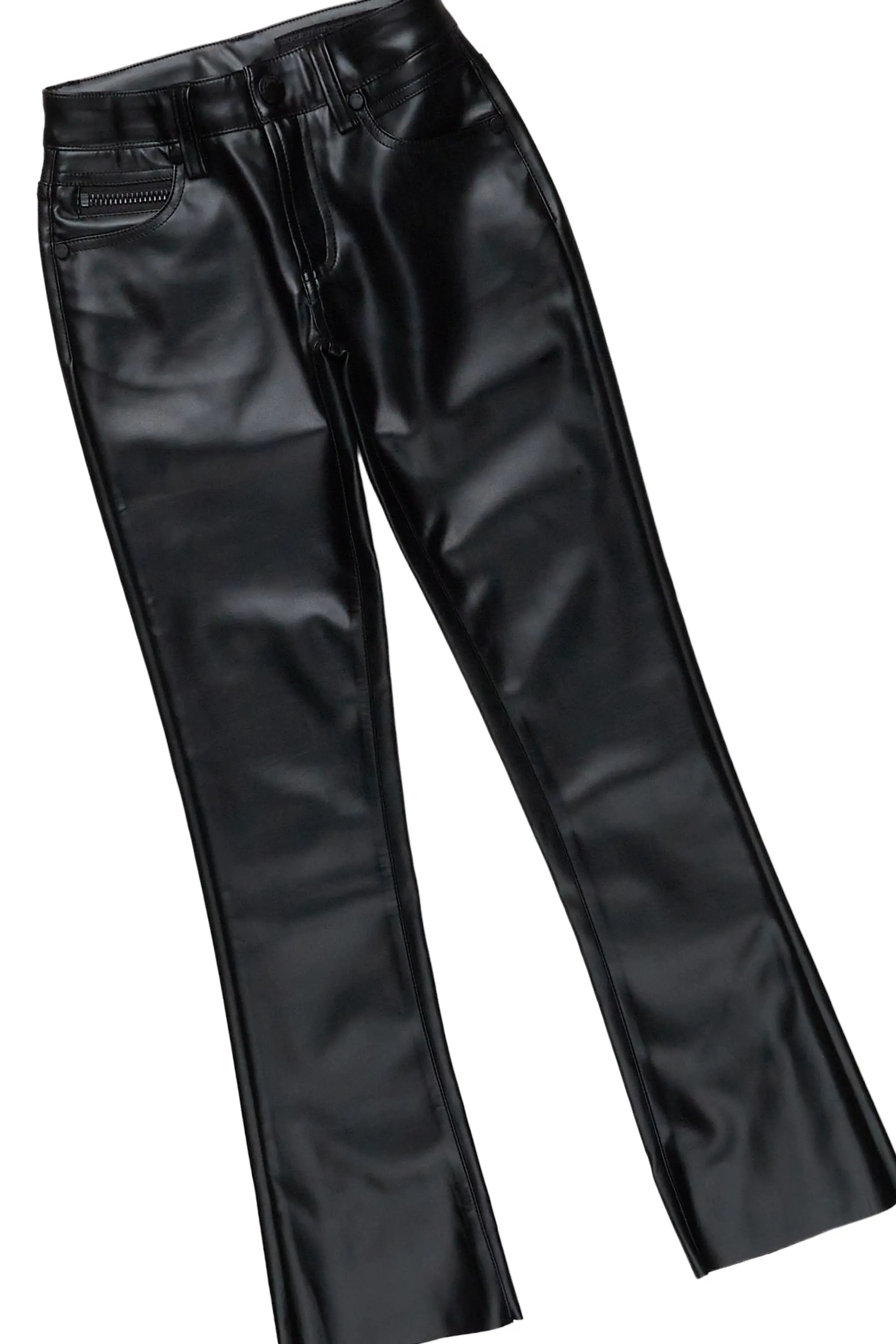 Girls Galia Black T-Shirt/Super Stacked Flare PU Jean Set - Image 6
