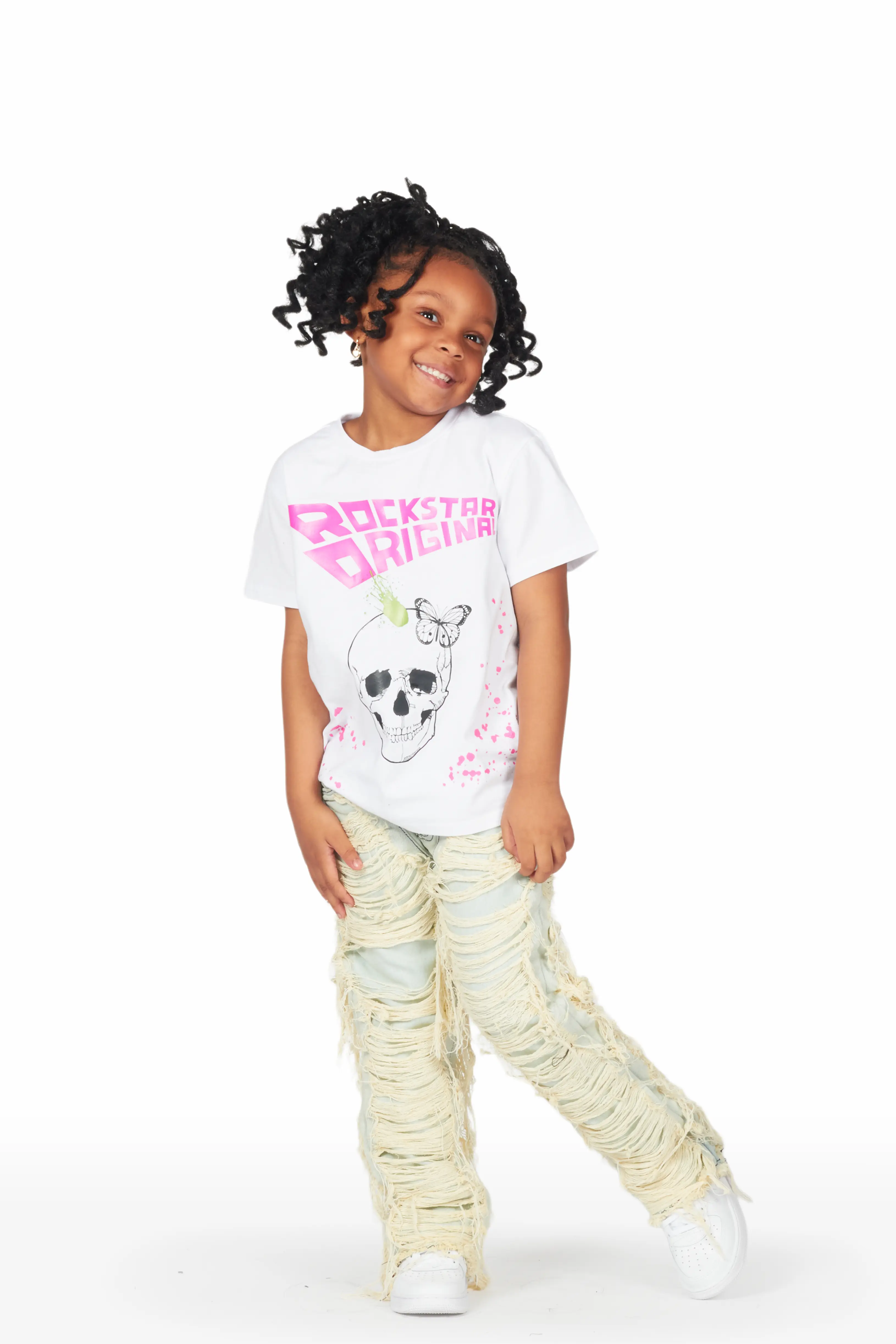 Girls Kaili White/Blue T-Shirt/Stacked Flare Jean Set - Image 3