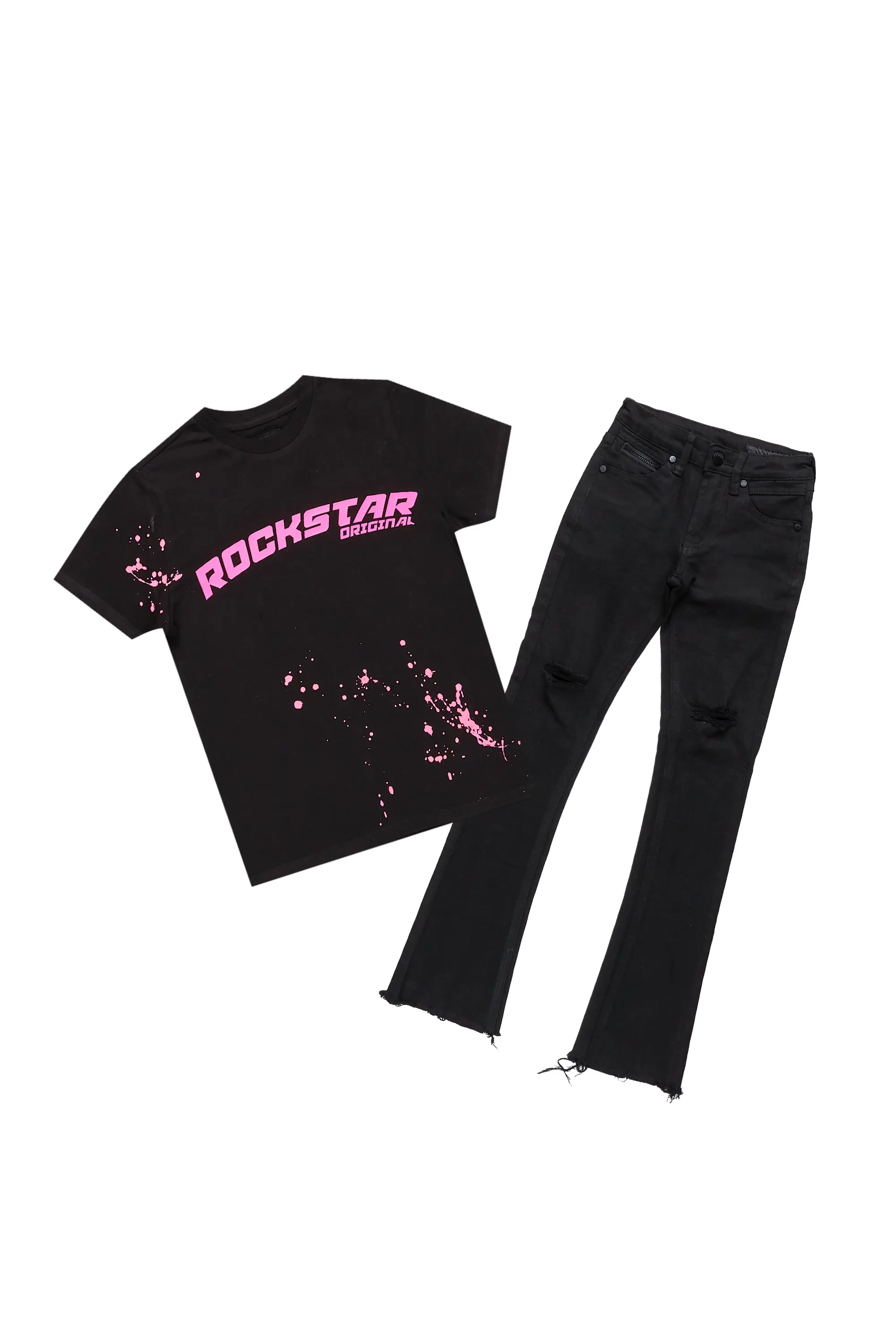 Girls Elmina Black T-Shirt Super Stacked Flare Jean Set - Image 2