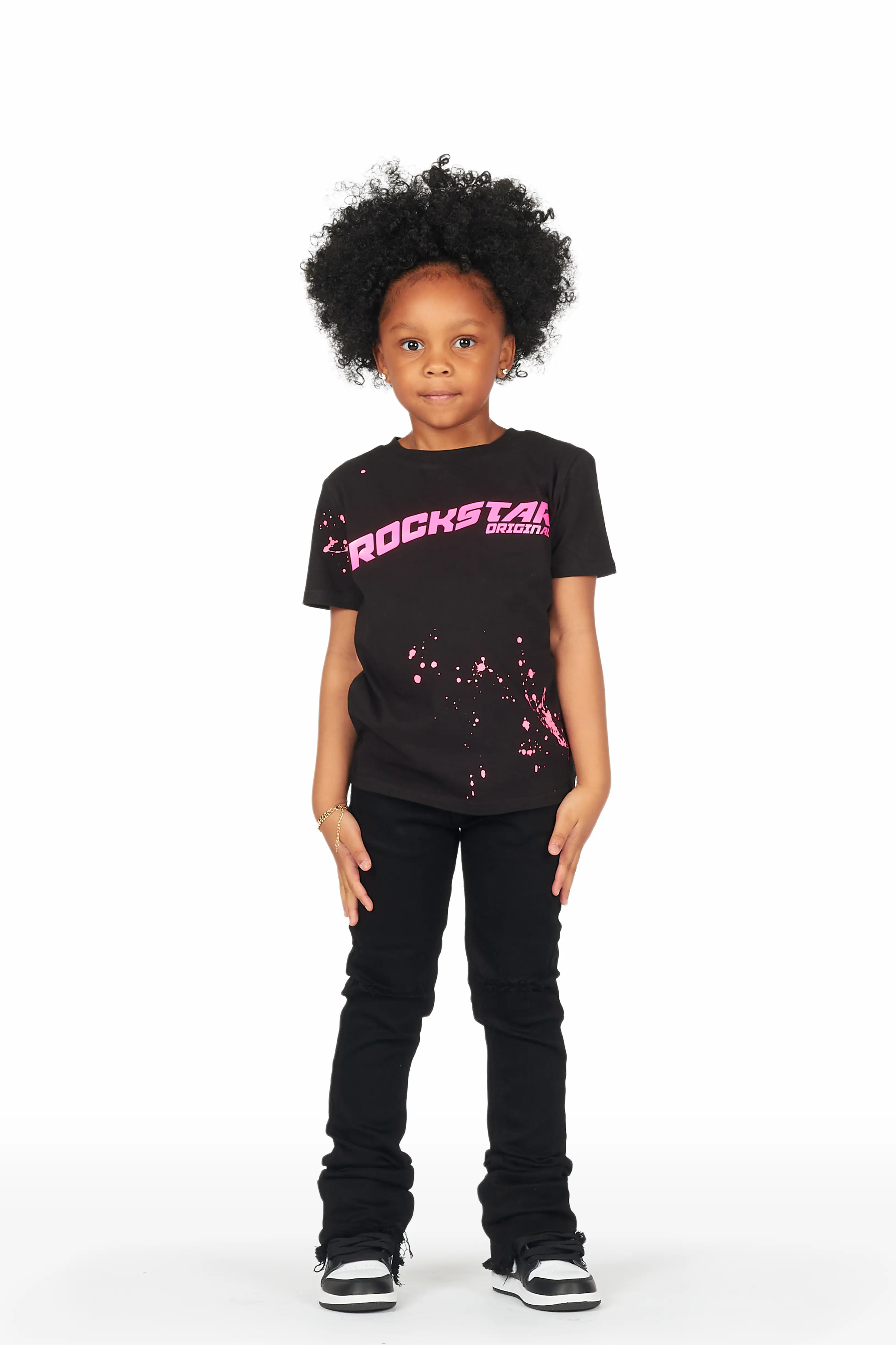 Girls Elmina Black T-Shirt Super Stacked Flare Jean Set - Image 3