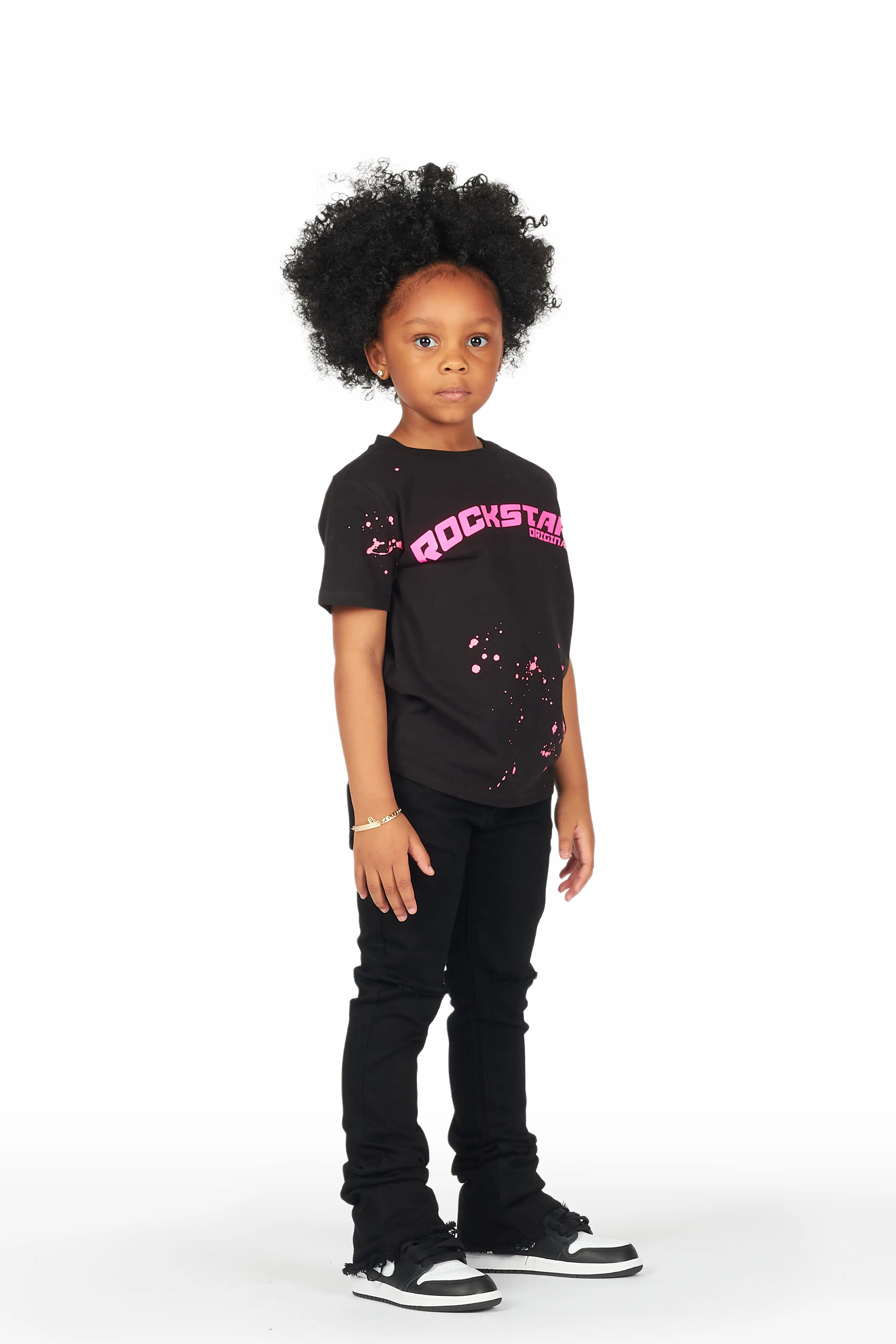 Girls Elmina Black T-Shirt Super Stacked Flare Jean Set - Image 4