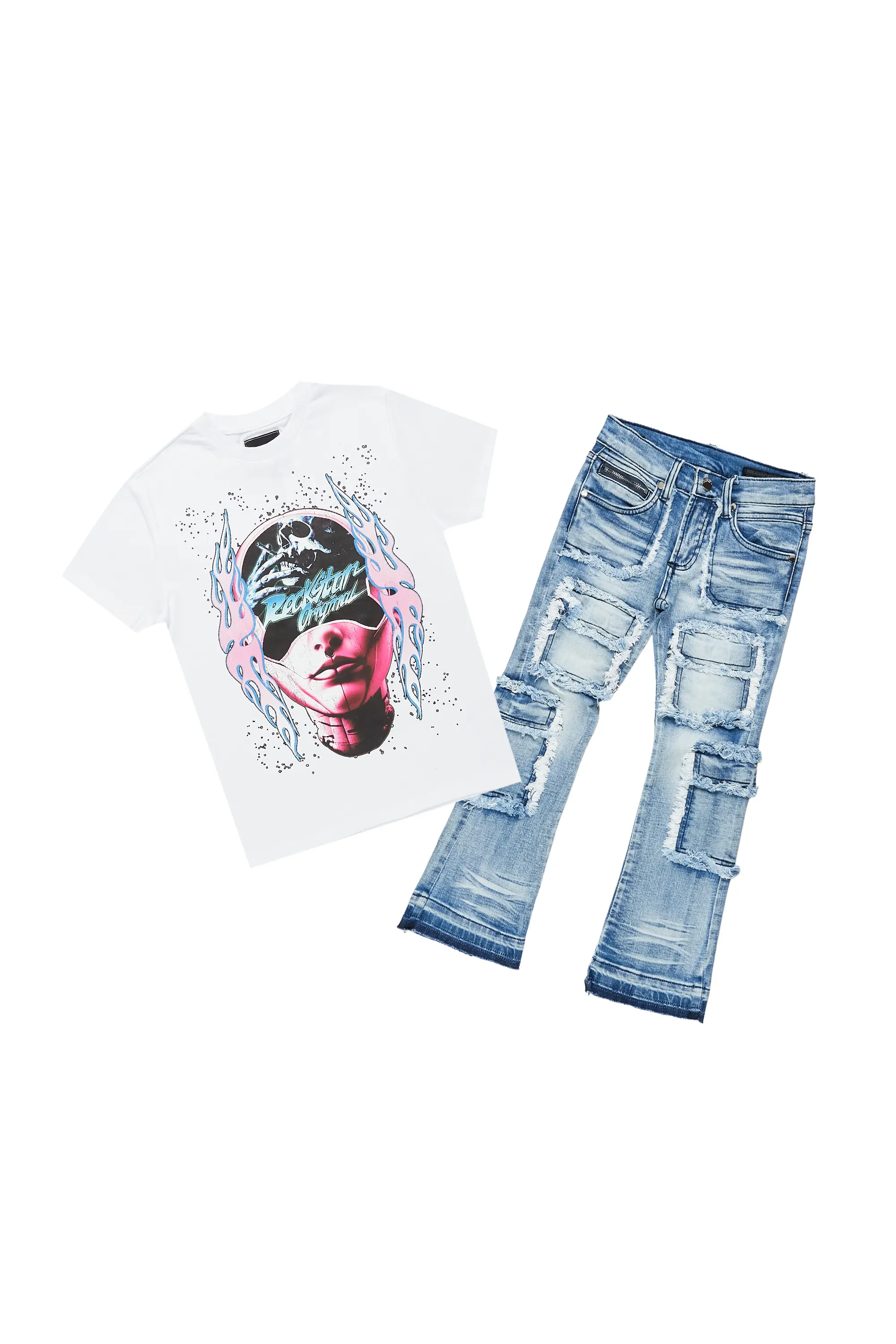 Girls Medora White/Blue T-Shirt Stacked Flare Jean Set - Image 2