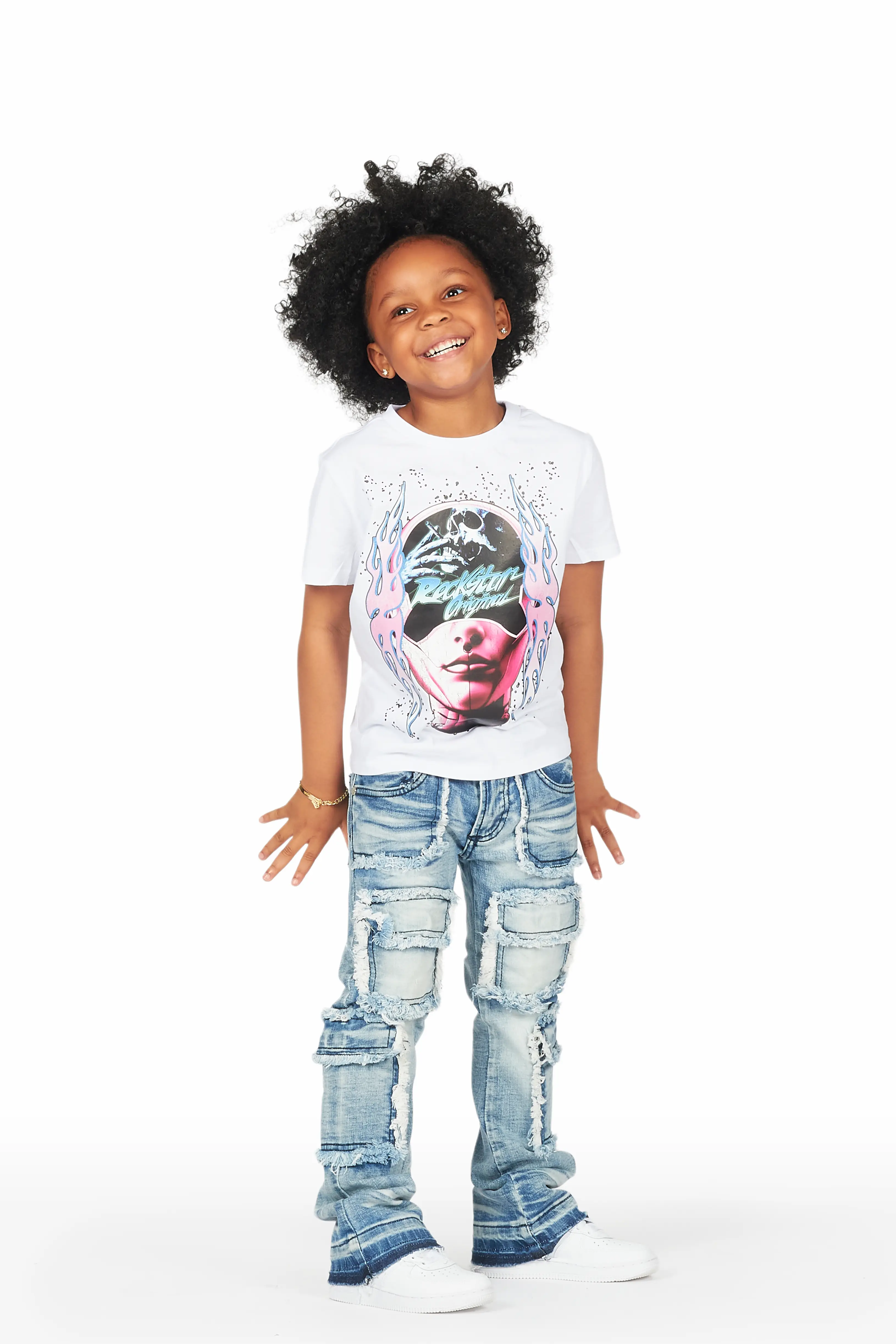 Girls Medora White/Blue T-Shirt Stacked Flare Jean Set - Image 3