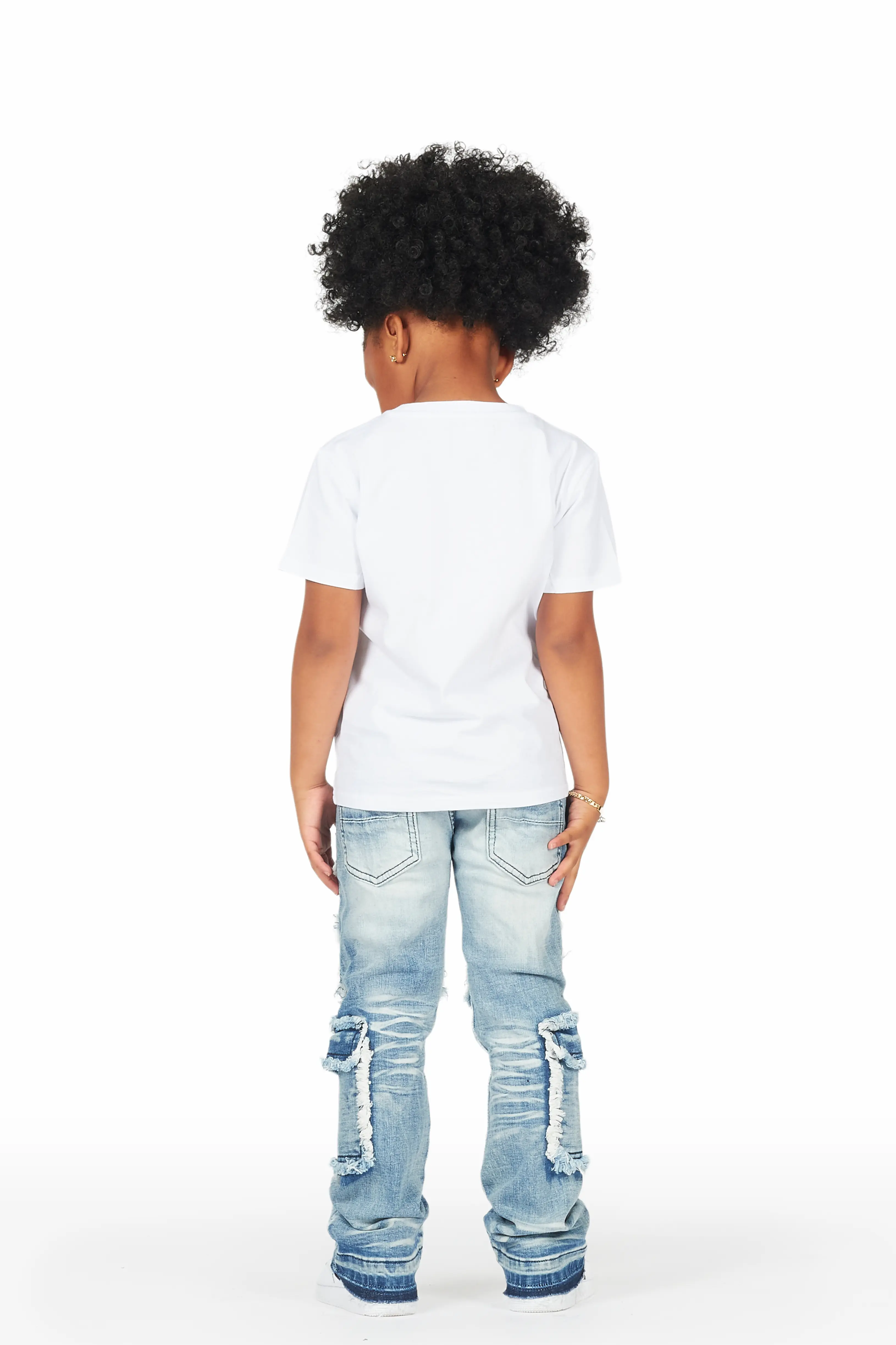 Girls Medora White/Blue T-Shirt Stacked Flare Jean Set - Image 4