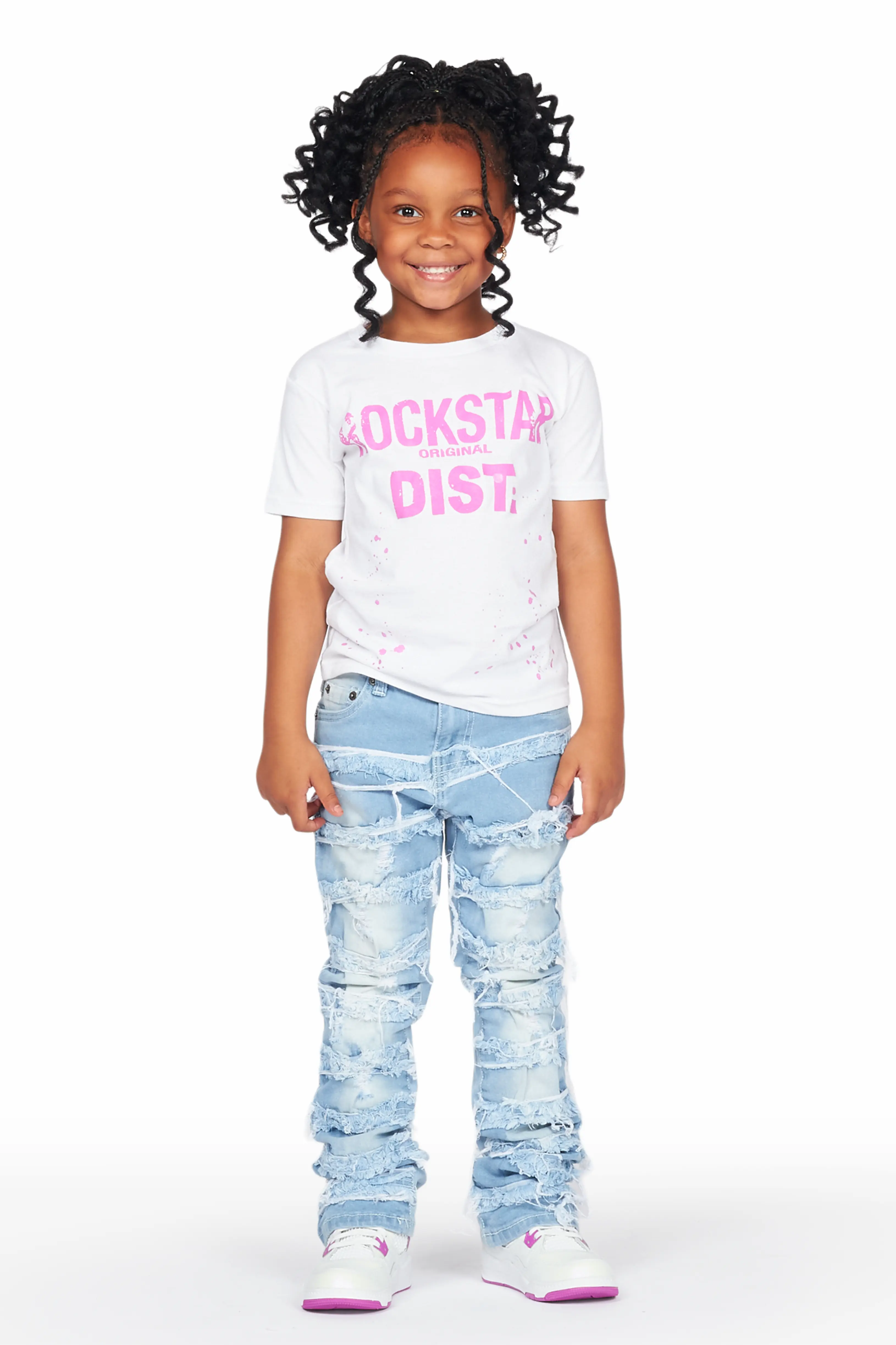 Girls Helia White/Blue T-Shirt/Stacked Flare Jean Set - Image 3