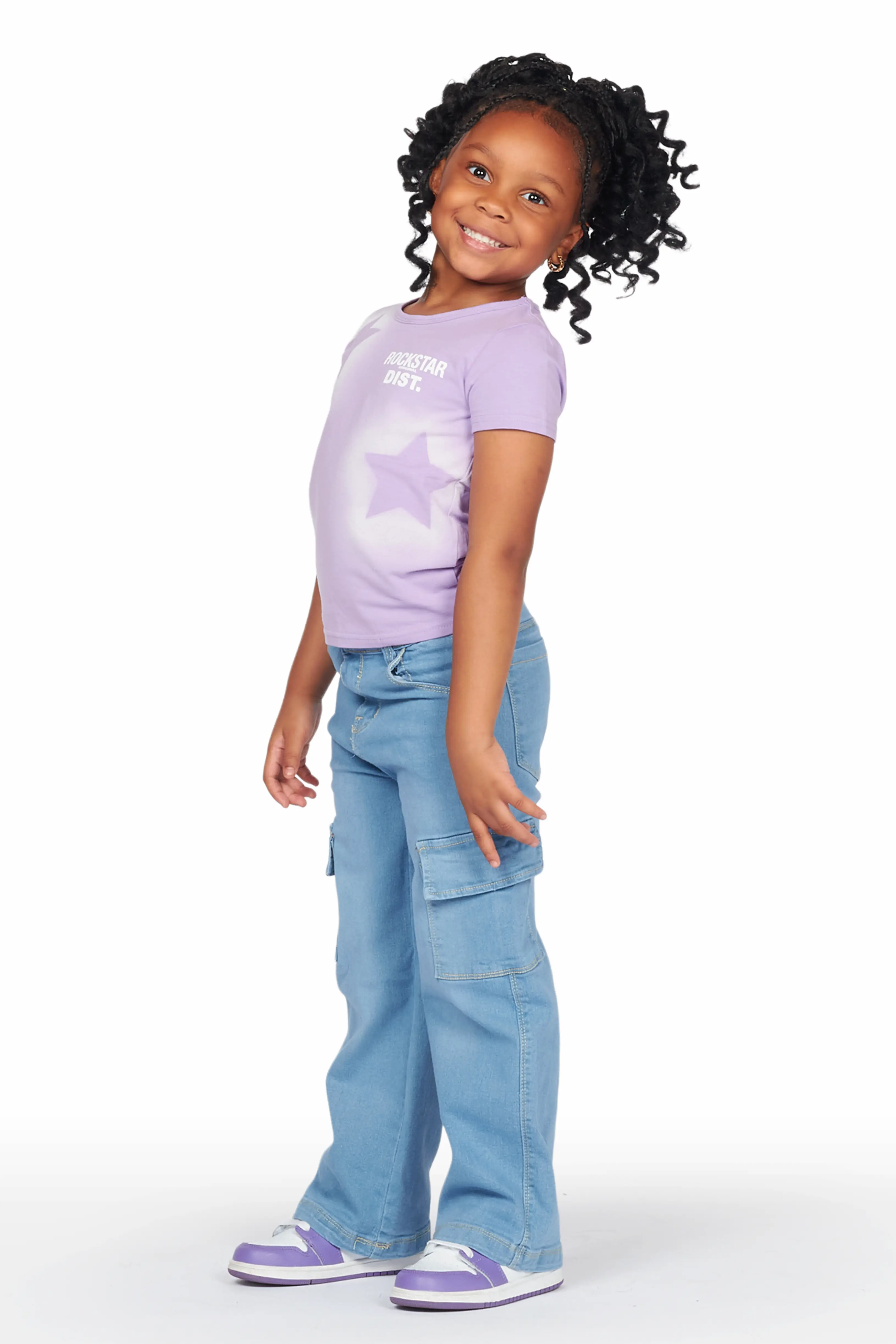 Girls Arana Lilac T-Shirt Wide Leg Cargo Jean Set - Image 3